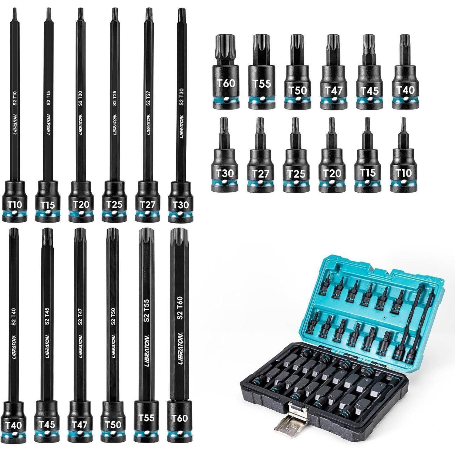 Ein Satz Torx-Bits, beschriftet von T10 bis T60, in zwei Reihen. Enthält eine Aufbewahrungsbox mit zusätzlichen Bits und Beschriftungen, die einen vollständigen Werkzeugsatz zeigt.
