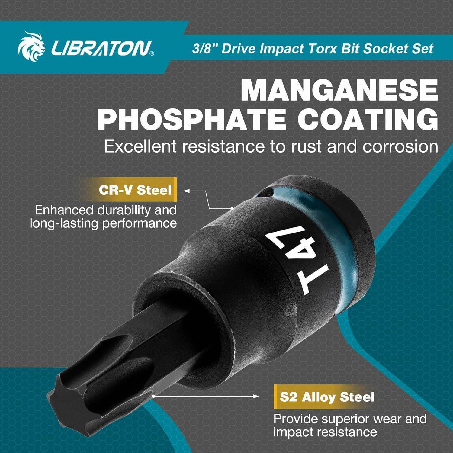 Satz von Manganphosphat-beschichteten Torx-Bits mit Bildhervorhebungen: CR-V-Stahl für Langlebigkeit, S2-Legierungsstahl für Verschleißfestigkeit, Rost- und Korrosionsbeständigkeit.