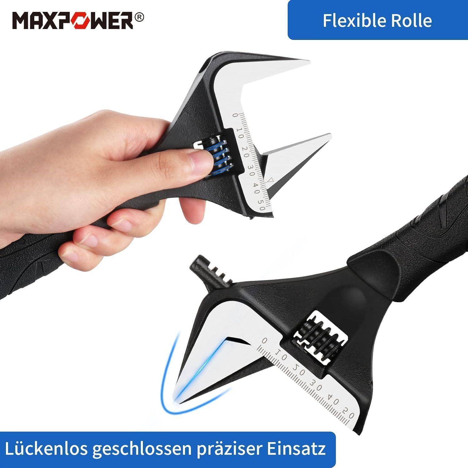 Eine Hand, die einen flexiblen Schneider mit Messskalen auf der Klinge hält und präzise Anwendung demonstriert. Text auf Deutsch betont nahtlose Nutzung.