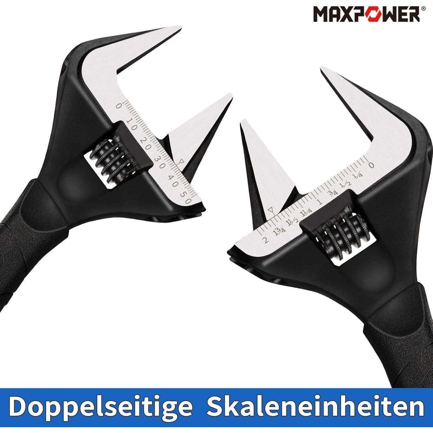 Schwarzer doppelseitiger Messschieber mit Maßstabsskalen, beschriftet mit 'Doppelseitige Skaleninheiten', vor einem weißen Hintergrund dargestellt.