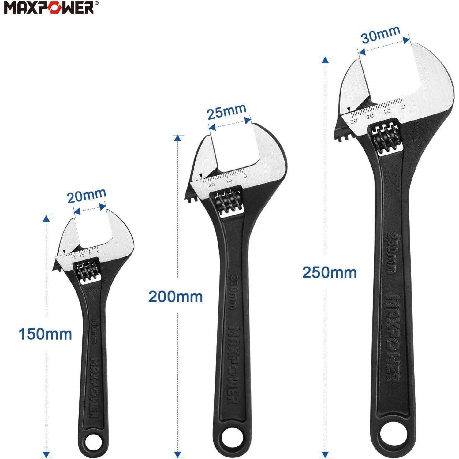 Drei verstellbare Schraubenschlüssel in verschiedenen Größen (150mm, 200mm, 250mm) mit Messungen an den Backen (20mm, 25mm, 30mm), Marke 'MAXPOWER'.