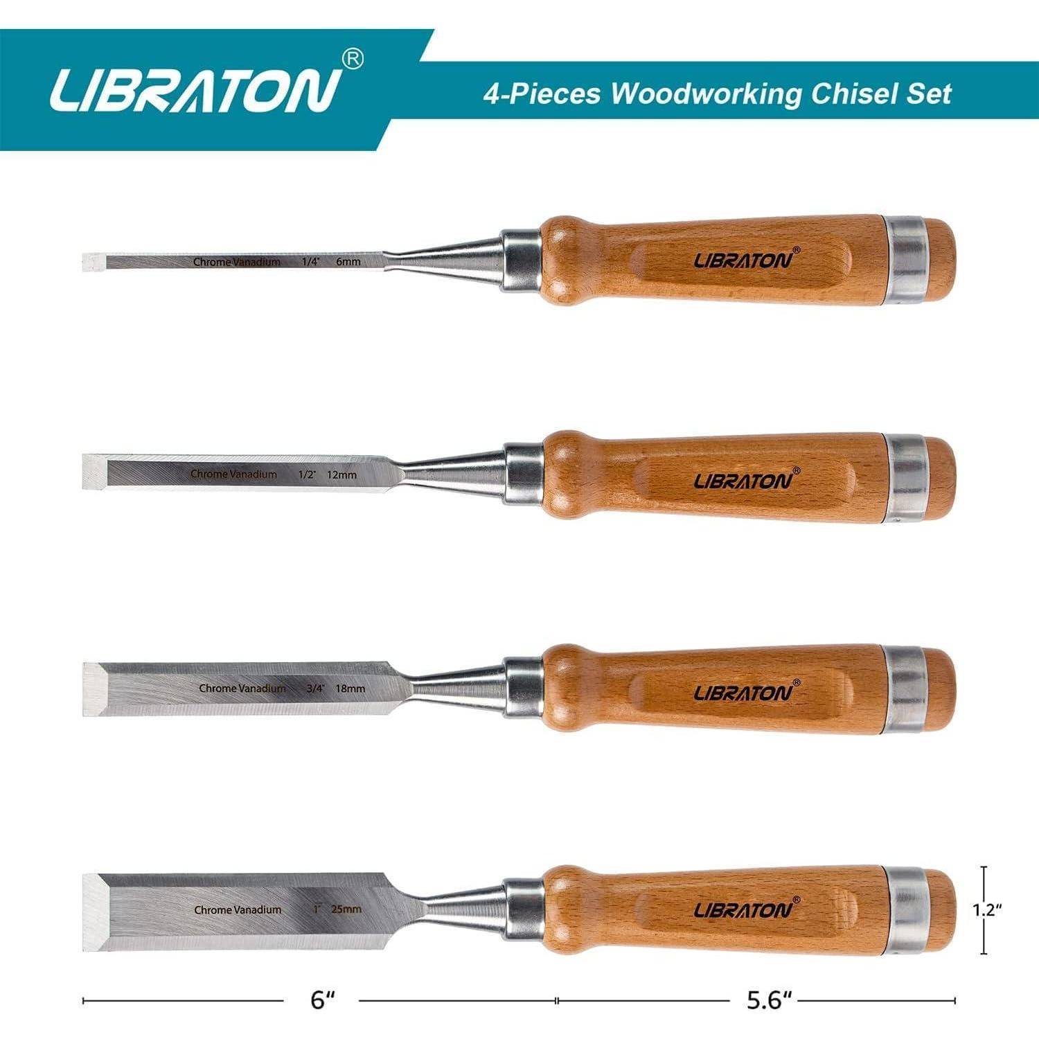 LIBRATON 4-teiliges Holzbearbeitungs-Meißel-Set' mit vier Meißeln mit Holzgriffen und beschrifteten Längen, horizontal dargestellt.