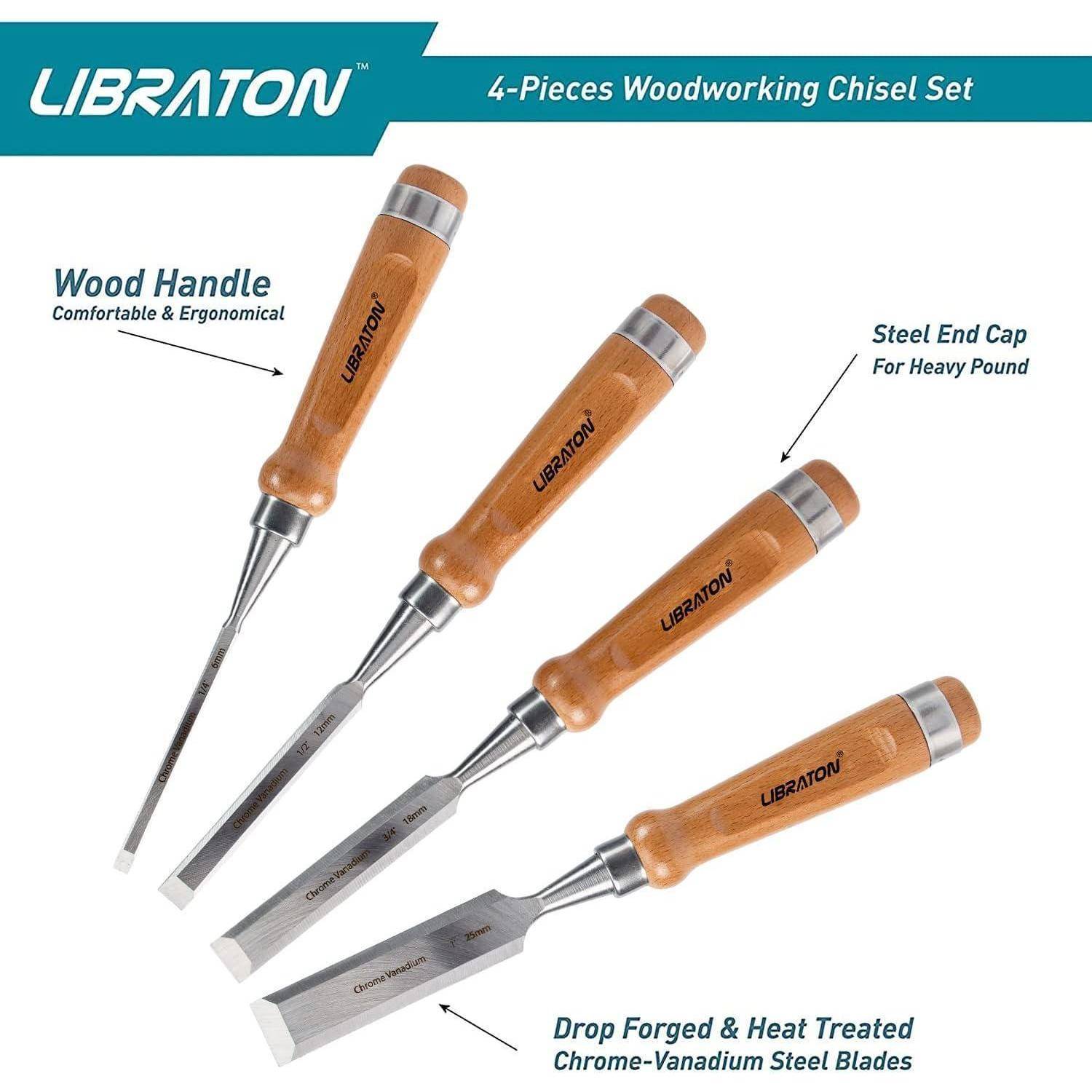 Libraton 4-teiliges Holzbearbeitungsmeißel-Set mit Holzgriffen und Stahlendkappen für schwere Schläge. Mit geschmiedeten, wärmebehandelten Chrom-Vanadium-Stahlklingen.