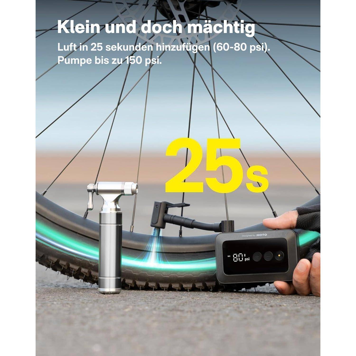 Eine Handpumpe und ein Reifenfüller werden bei der Verwendung an einem Fahrradreifen gezeigt. Der Text auf Deutsch hebt die schnelle Aufpumpzeit und Druckdetails hervor.