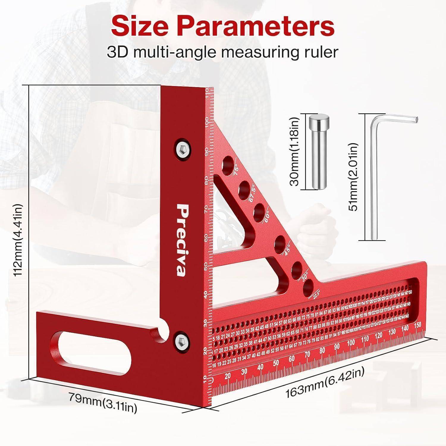 3D-Messlineal in Rot mit mehreren Winkeln, Abmessungen: 112 mm x 163 mm. Inklusive Messungen zusätzlicher Komponenten: 30 mm und 51 mm.