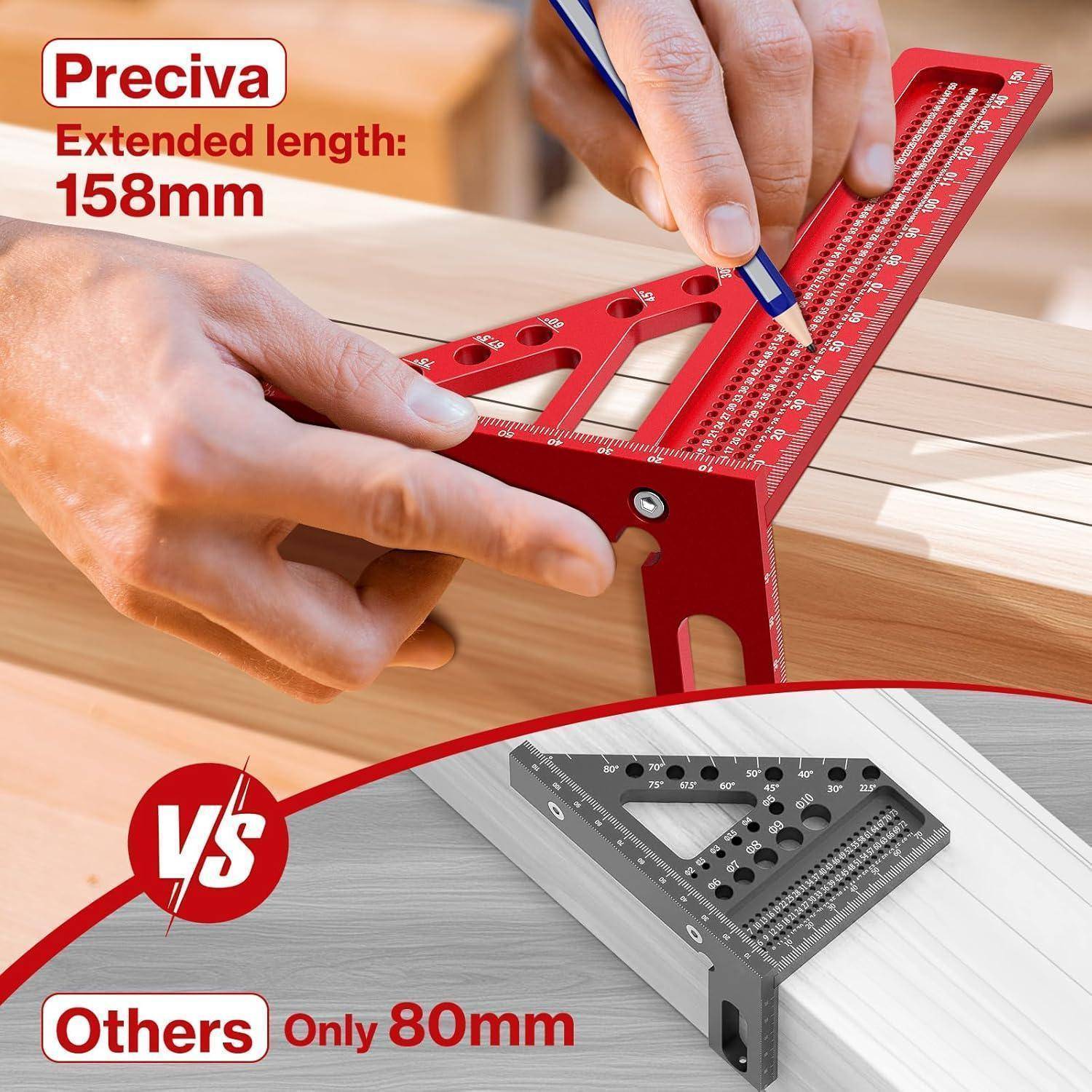 Preciva Extended length: 158mm' Rot-Messwerkzeug auf Holz. Enthält Vergleich: 'Andere Nur 80mm', dargestellt mit grauem Werkzeugbild.