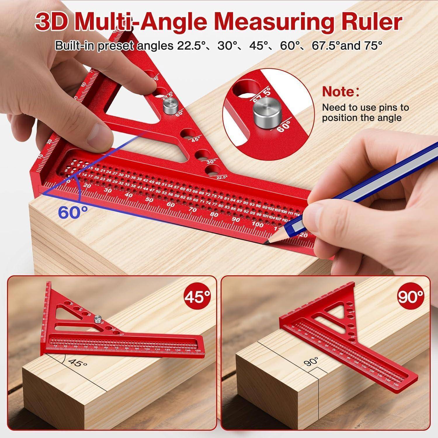 Ein roter 3D-Mehrwinkel-Messlineal wird gezeigt, wie er auf Holz verwendet wird und dabei voreingestellte Winkel von 22,5°, 30°, 45°, 60°, 67,5° und 75° veranschaulicht.