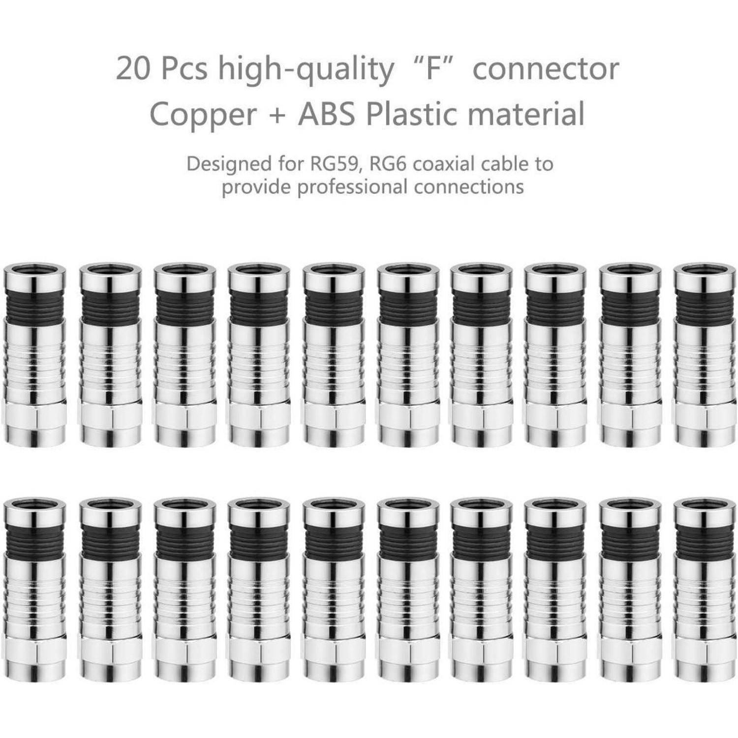 Paket mit 20 hochwertigen 'F'-Steckern aus Kupfer und ABS-Kunststoff, geeignet für RG59, RG6 Koaxialkabel für professionelle Verbindungen.