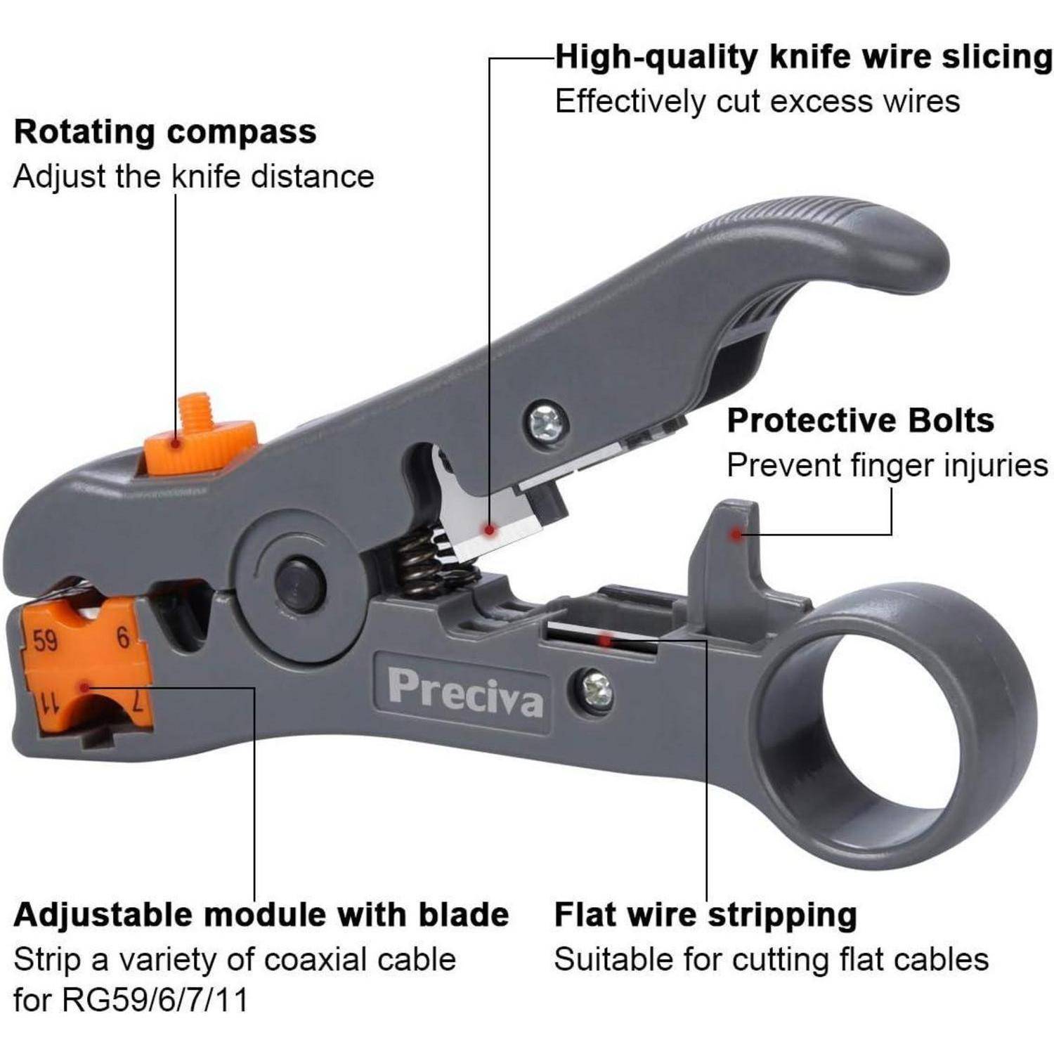 Ein grauer Preciva Messer mit integriertem Drehkompass, verstellbarem Modul, Schutzbolzen und Flachdrahtabisolierung, verwendet zum Durchtrennen und Schneiden von Drähten.