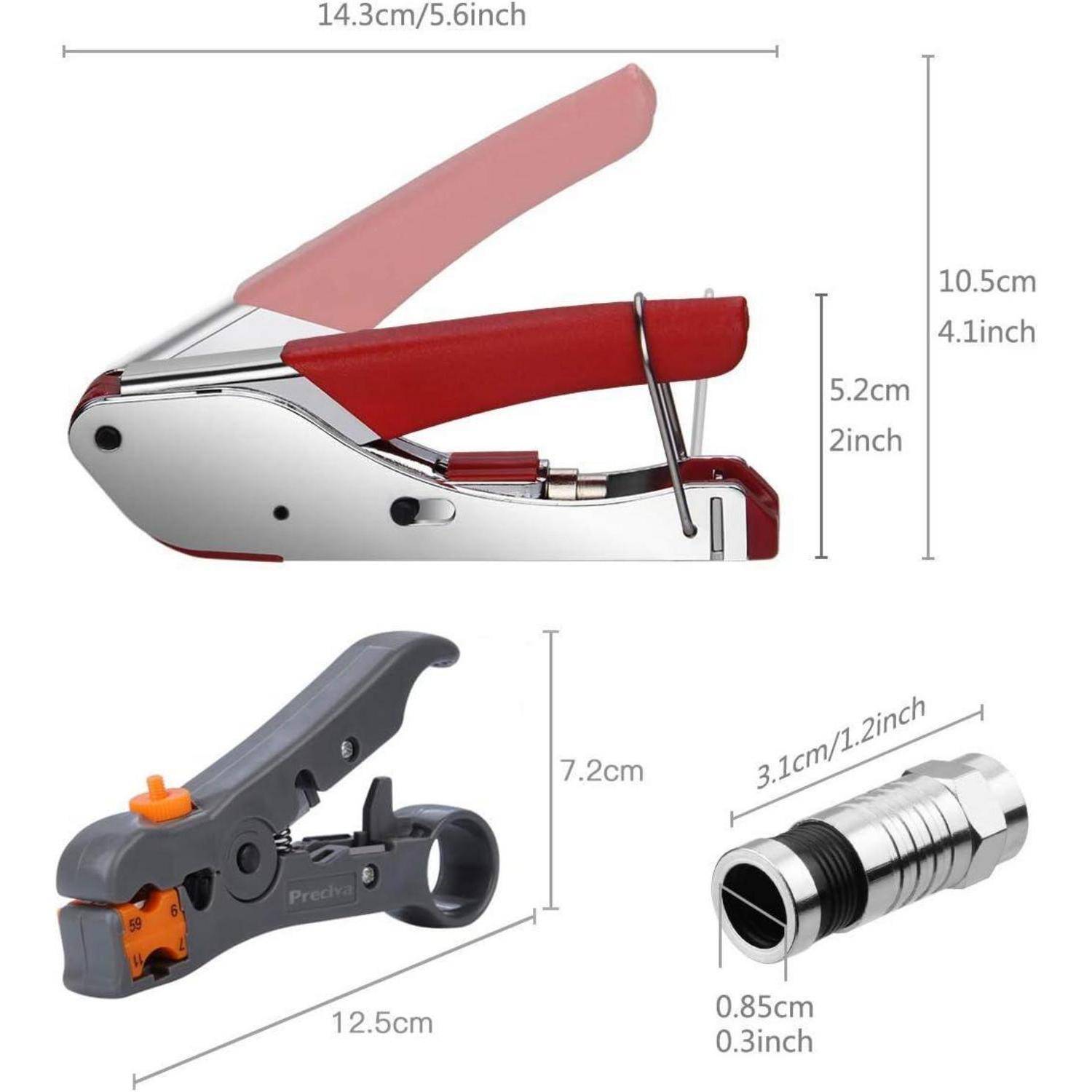PVC-Rohrschneider und Reparaturset mit Maßen: Schneider 12,5 cm/7,2 cm, Verbinder 3,1 cm/0,85 cm, Kreisgerät 14,3 cm/10,5 cm.