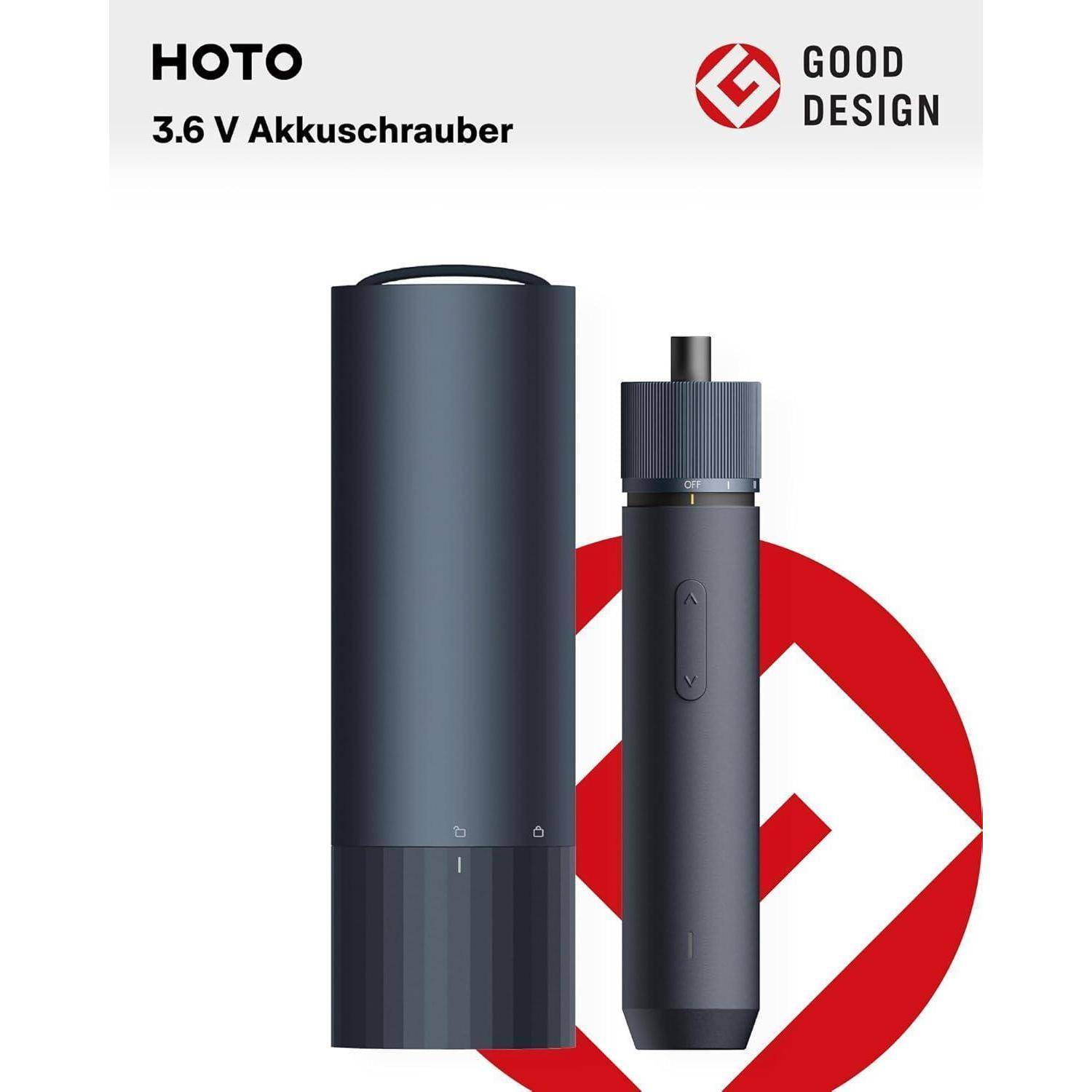 Ein schwarzer und grauer Hoto 3,6V Schraubendreher und sein Etui werden gezeigt, wobei sein modernes Design hervorgehoben wird. Ein Logo des ‚Good Design' Awards ist vorhanden.