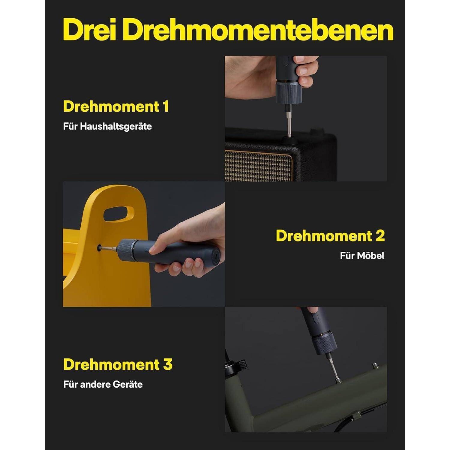 Das Bild zeigt drei Drehmomeneinstellungen: ‚Drehmoment 1' für Haushaltsgeräte, ‚Drehmoment 2' für Möbel und ‚Drehmoment 3' für andere Geräte, jeweils mit entsprechenden Anwendungsbildern.