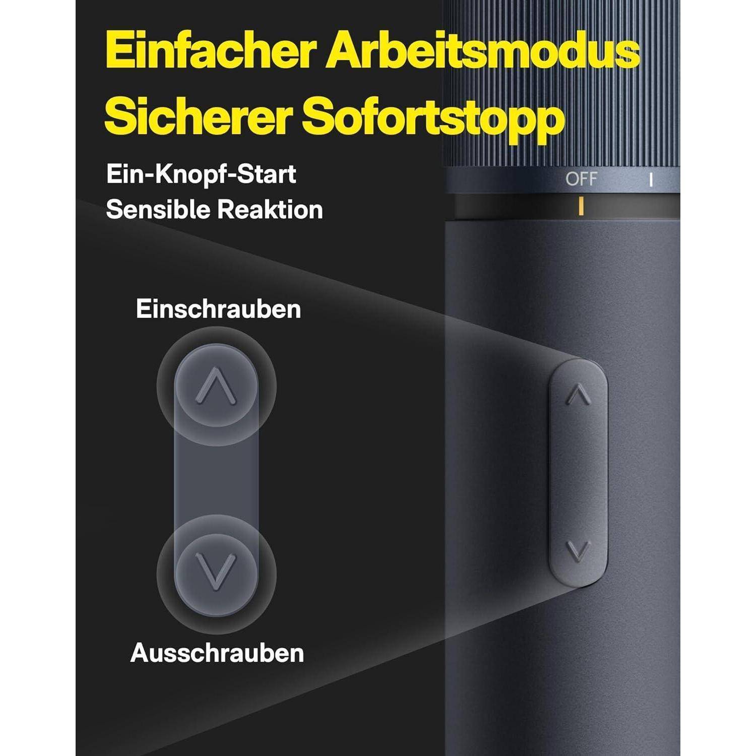 Das Bild zeigt ein Gerät mit 'Ein-Knopf-Start' und 'Sensibler Sofortstopp' Funktionen. Tasten sind mit 'Einschrauben' und 'Ausschrauben' gekennzeichnet, versehen mit Pfeilen nach oben und unten.
