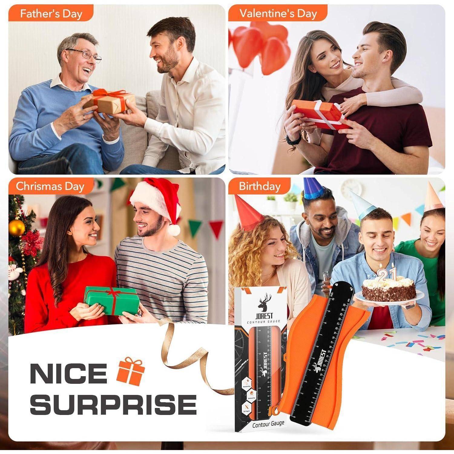 Collage von vier Anlässen: Vatertag, Valentinstag, Weihnachten und Geburtstag, mit Menschen, die Geschenke austauschen und feiern.