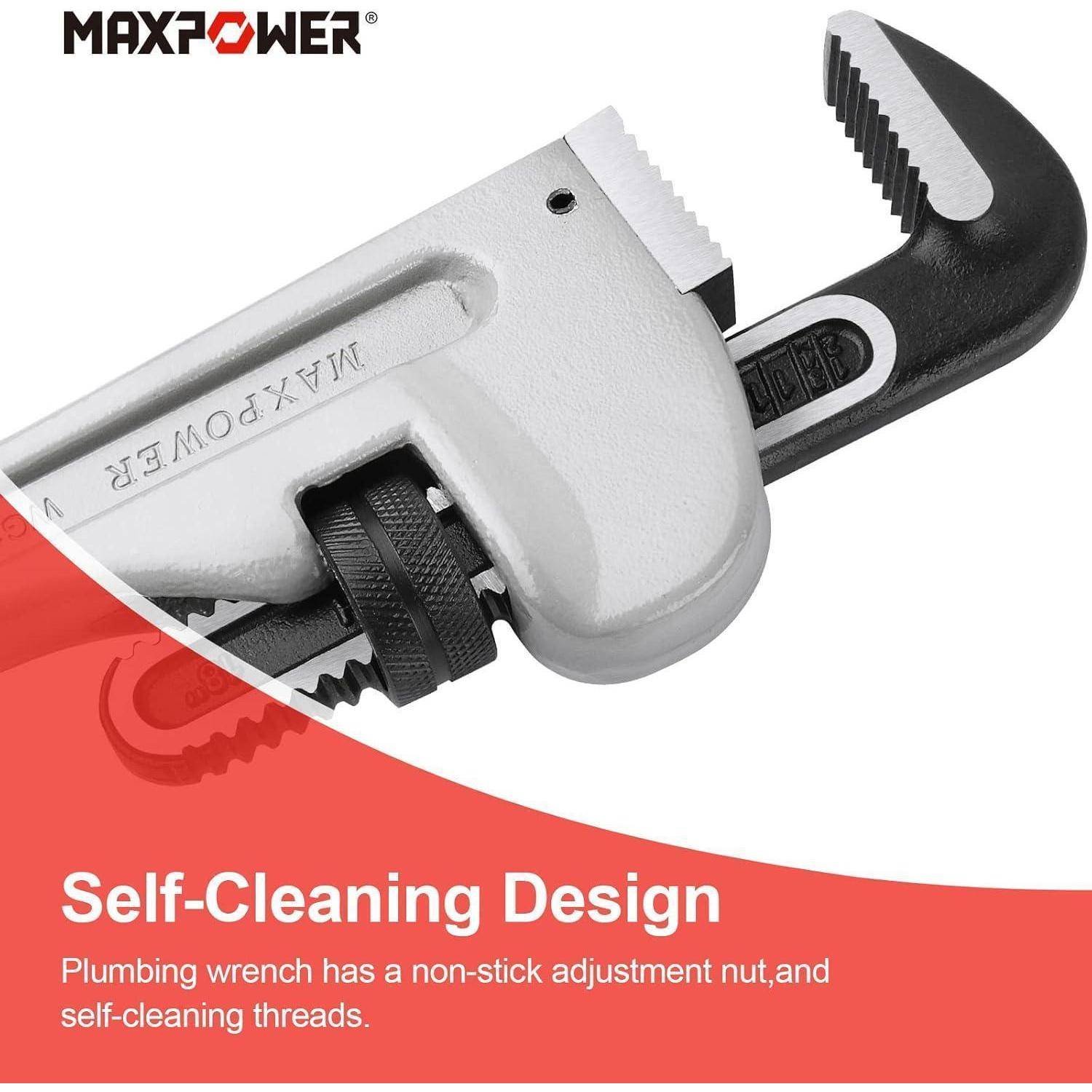 Rohrzange mit 'MAXPOWER' Branding. Text lautet: 'Selbstreinigendes Design. Klempnerzange mit einer rutschfesten Einstellmutter und selbstreinigenden Gewinden.