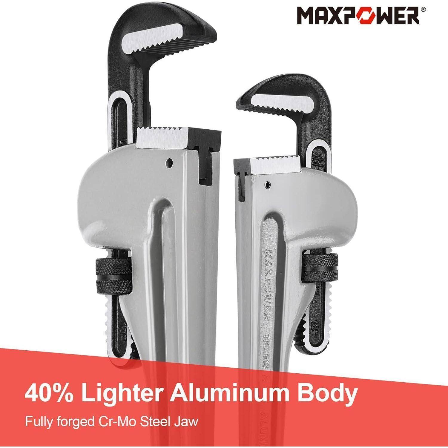 Ein Paar verstellbare Schraubenschlüssel mit der Aufschrift 'MAXPOWER'. Text darunter liest sich '40% leichterer Aluminium-Körper' und 'Vollgeschmiedete Cr-Mo Stahl-Backe'.