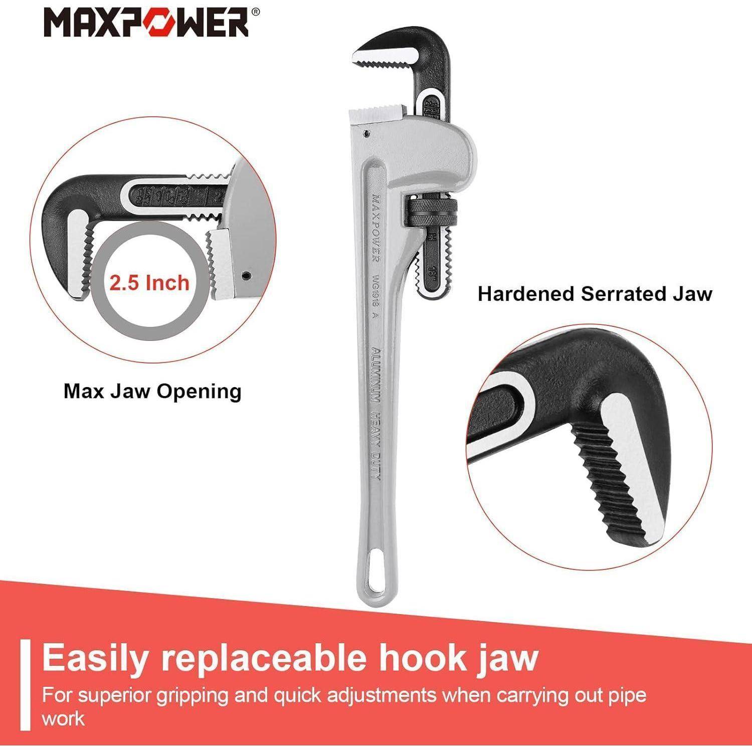 Rohrzange mit 'Maxpower' Logo, Nahaufnahmen der gezahnten Backe und maximaler Kieferöffnung von 2,5 Zoll. Text: 'Leicht austauschbare Hakenzange'.