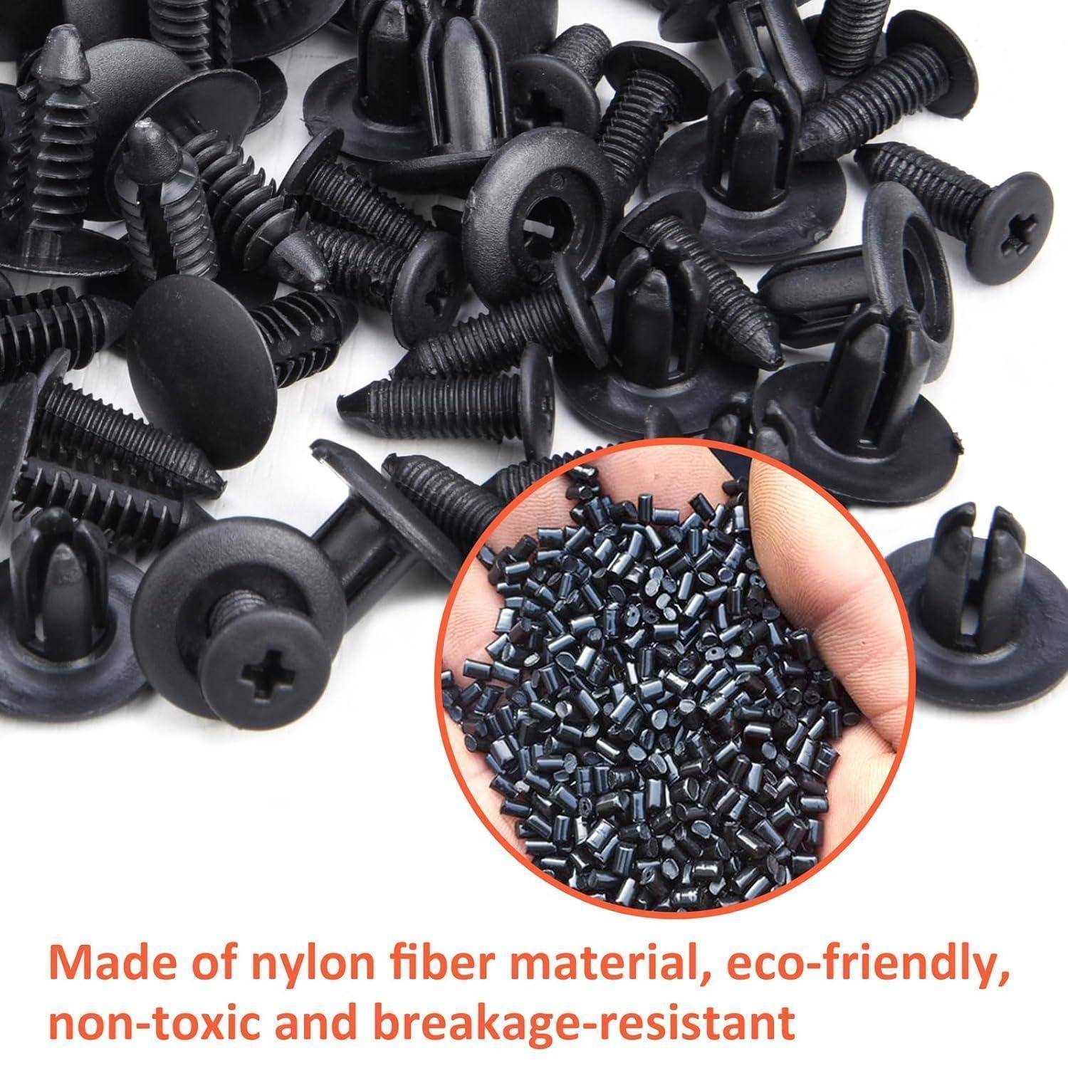 Ein Haufen schwarzer Nylonklammern mit einer kreisförmigen Einlage, die Nylonpellets zeigt. Text lautet: „Hergestellt aus Nylonfasermaterial, umweltfreundlich, ungiftig und bruchfest.