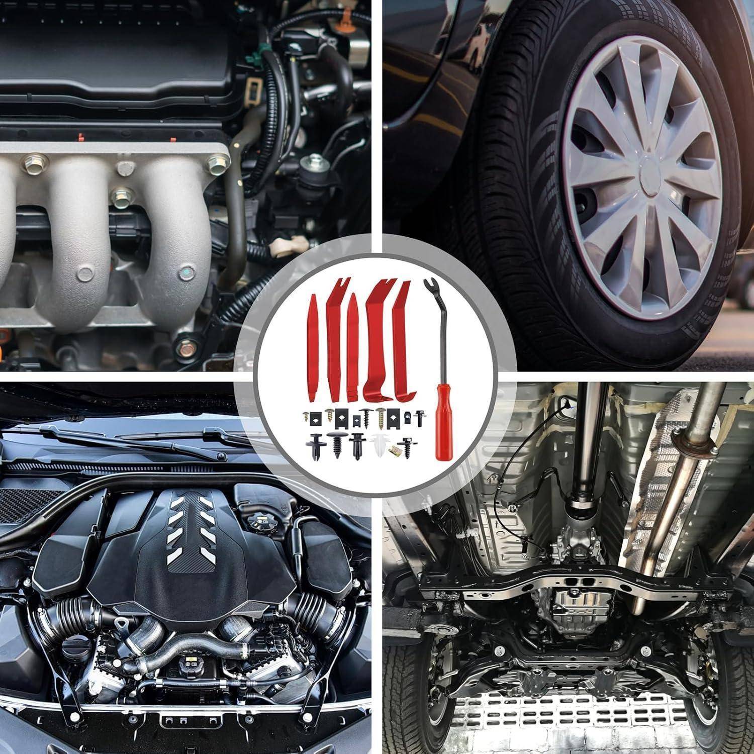 Eine Collage von Autoteilen, die einen Motor, ein Rad, das Untergestell und mechanische Werkzeuge zeigt, die Komponenten der Fahrzeugwartung veranschaulichen.