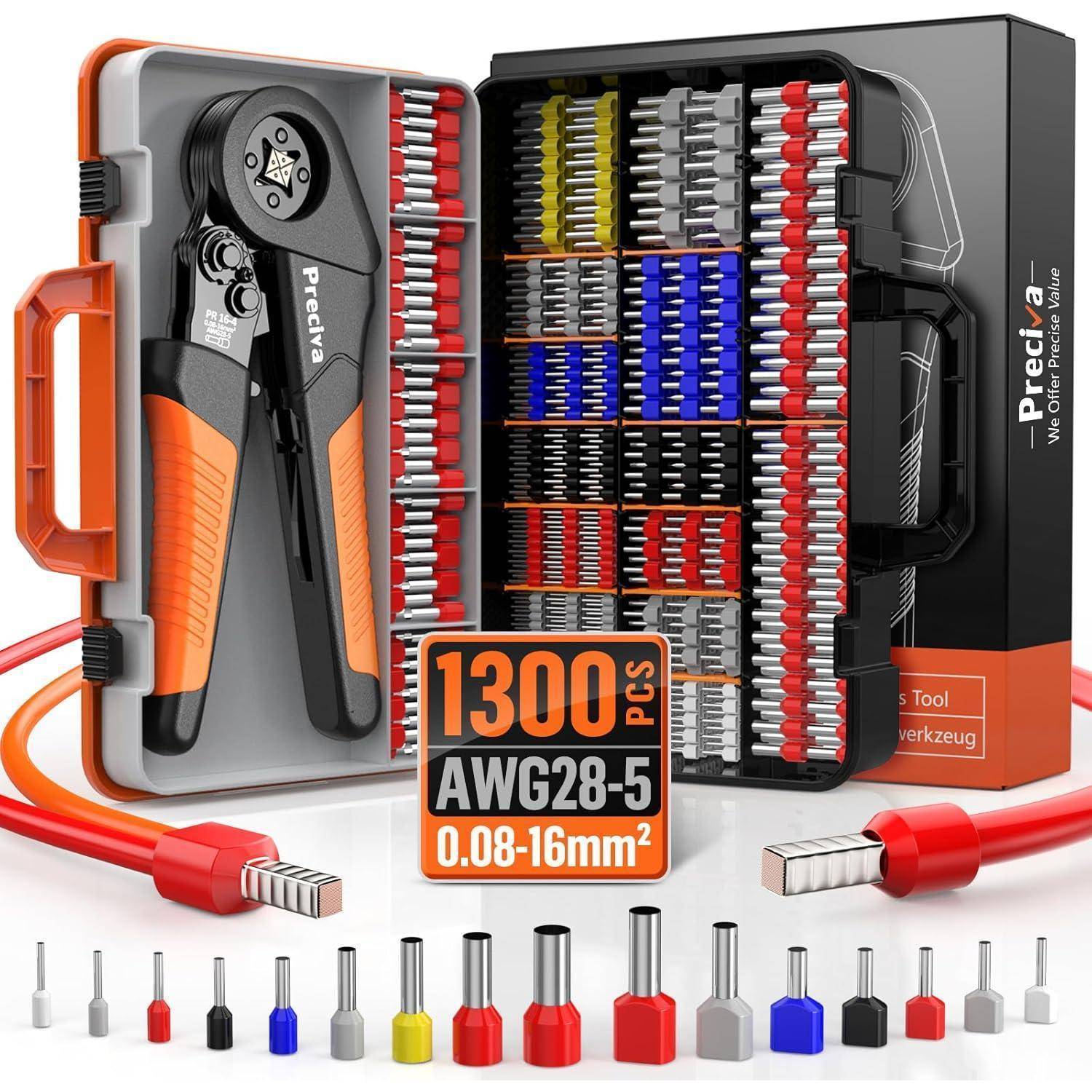 Crimpwerkzeug-Set mit 1300 Stück, AWG 28-5, 0,08-16 mm² Aderendhülsen in verschiedenen Farben. Inklusive stabiler Aufbewahrungsbox.