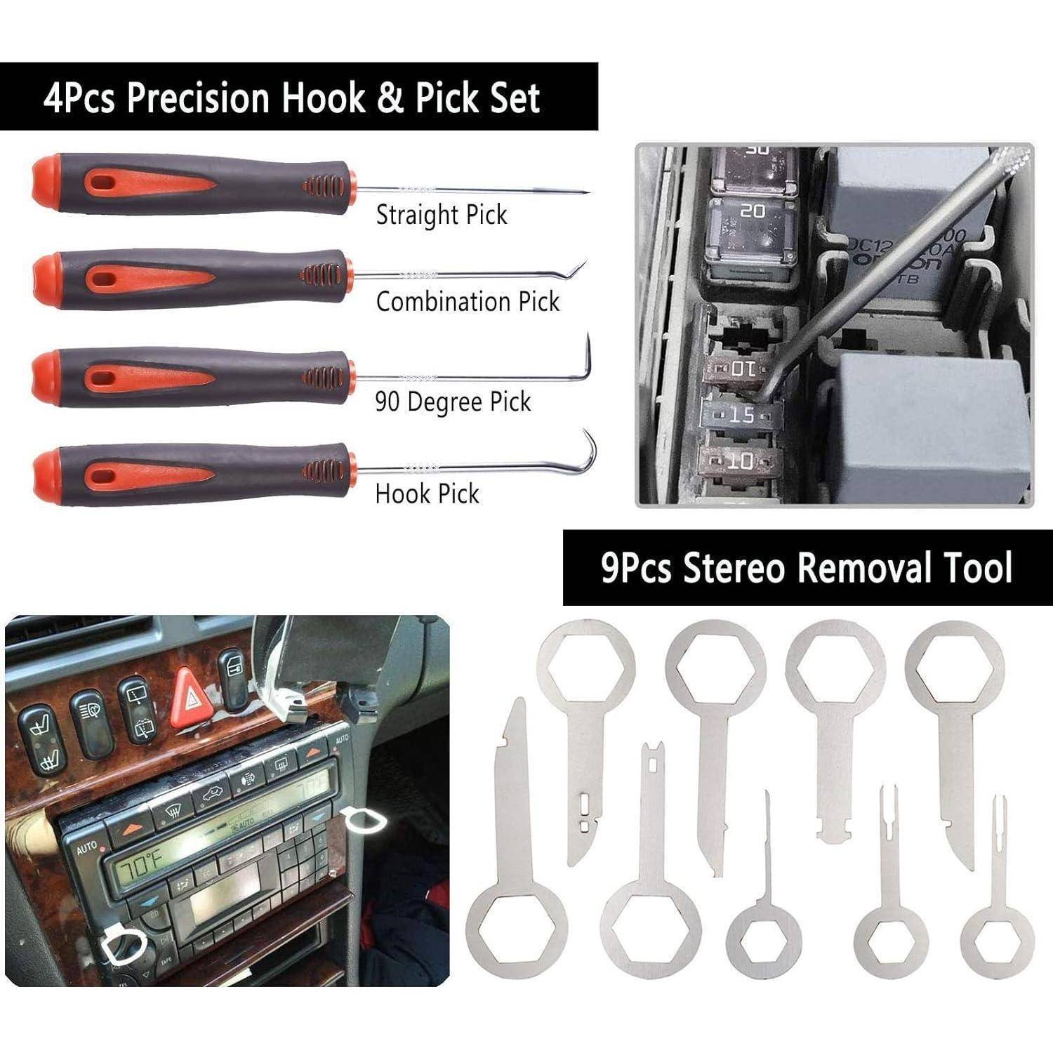 4-teiliges Präzisions-Haken- & Pick-Set' umfasst gerade, Kombinations-, 90-Grad- und Haken-Picks. '9-teiliges Stereo-Ausbau-Werkzeug' hilft beim Entfernen des Autoradios und wird in Gebrauch gezeigt.
