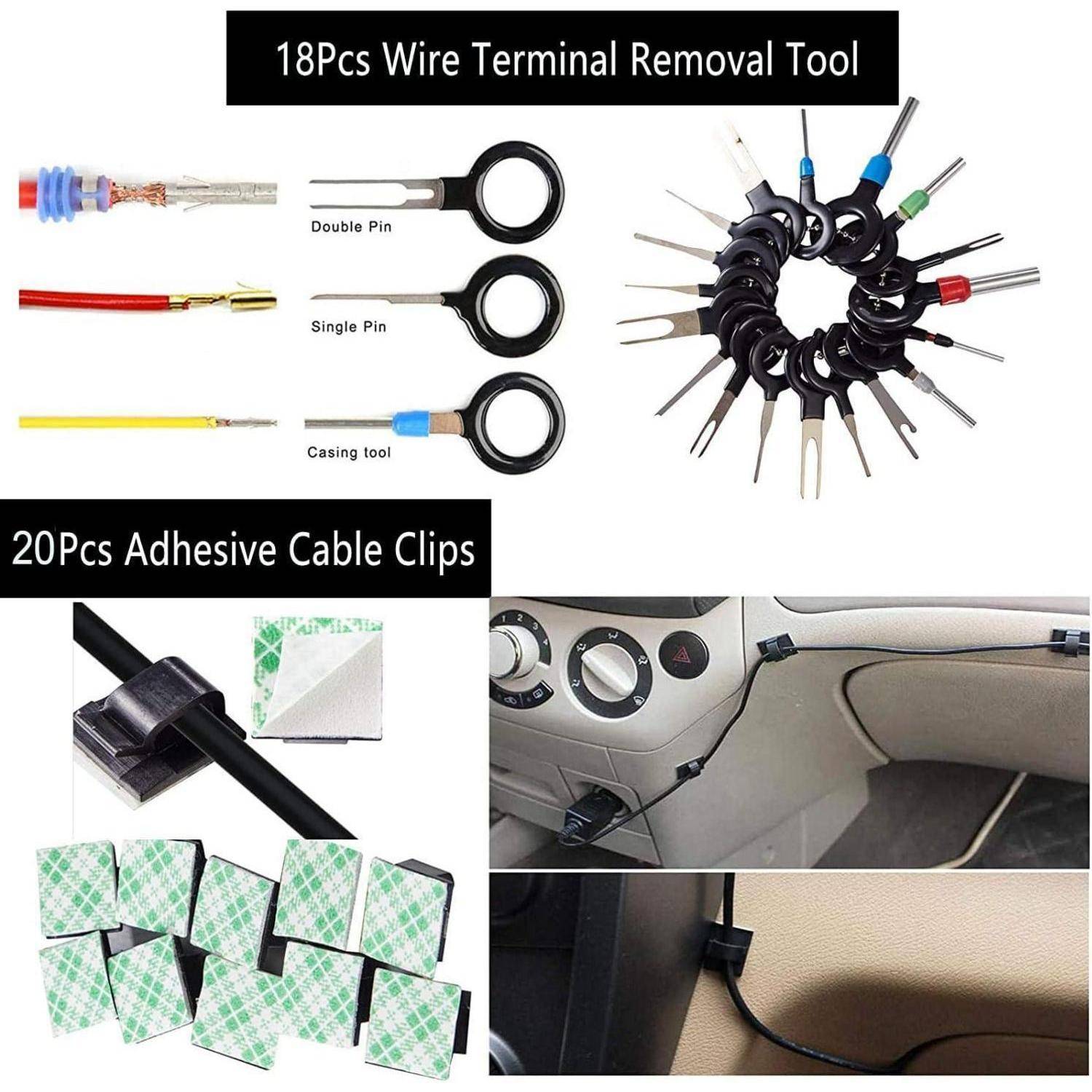18-teiliges Drahtanschluss-Abzieher-Werkzeug' mit Darstellung von Werkzeugen zum Entfernen von Pins. '20 Stück Klebende Kabelclips' mit Bildern, die die Kabelorganisation im Auto veranschaulichen.