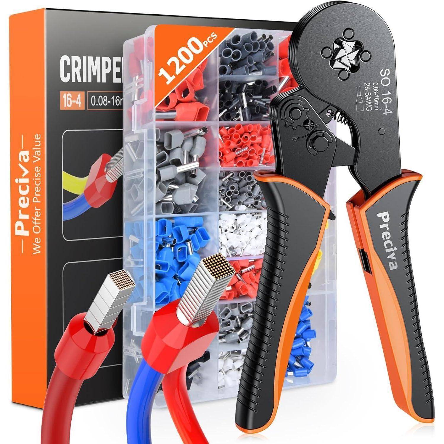 Crimpwerkzeug-Set mit 1200 Kabelverbindern in verschiedenen Farben. Verpackung zeigt das 'Preciva'-Logo und das Werkzeug eignet sich für Querschnitte von 0,08-16 mm².