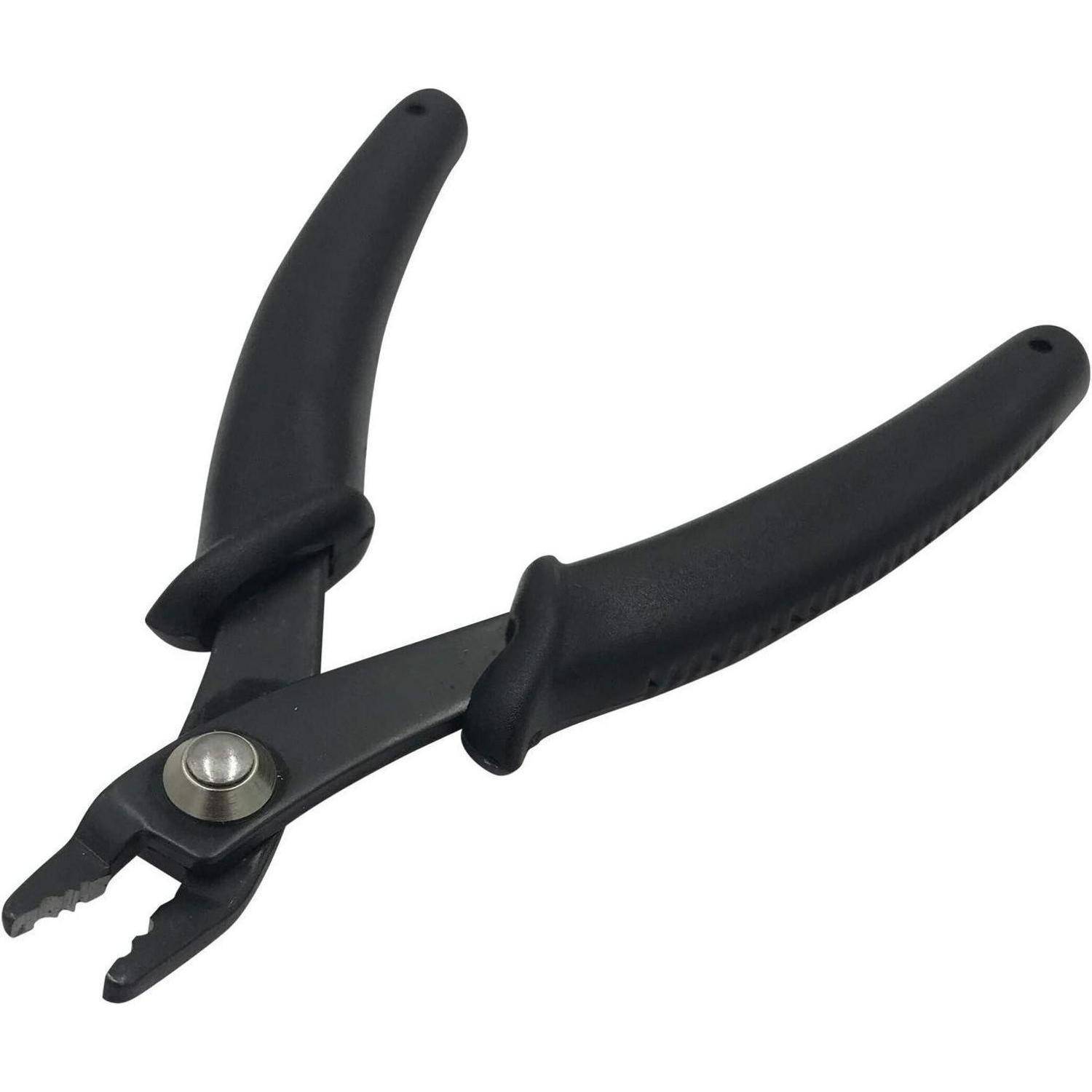 Schwarze Zange mit Gummigriffstücken, die ein gekurvtes Design und eine Metallverbindung aufweist und zum Greifen und Verdrehen von Drähten oder kleinen Objekten verwendet wird.