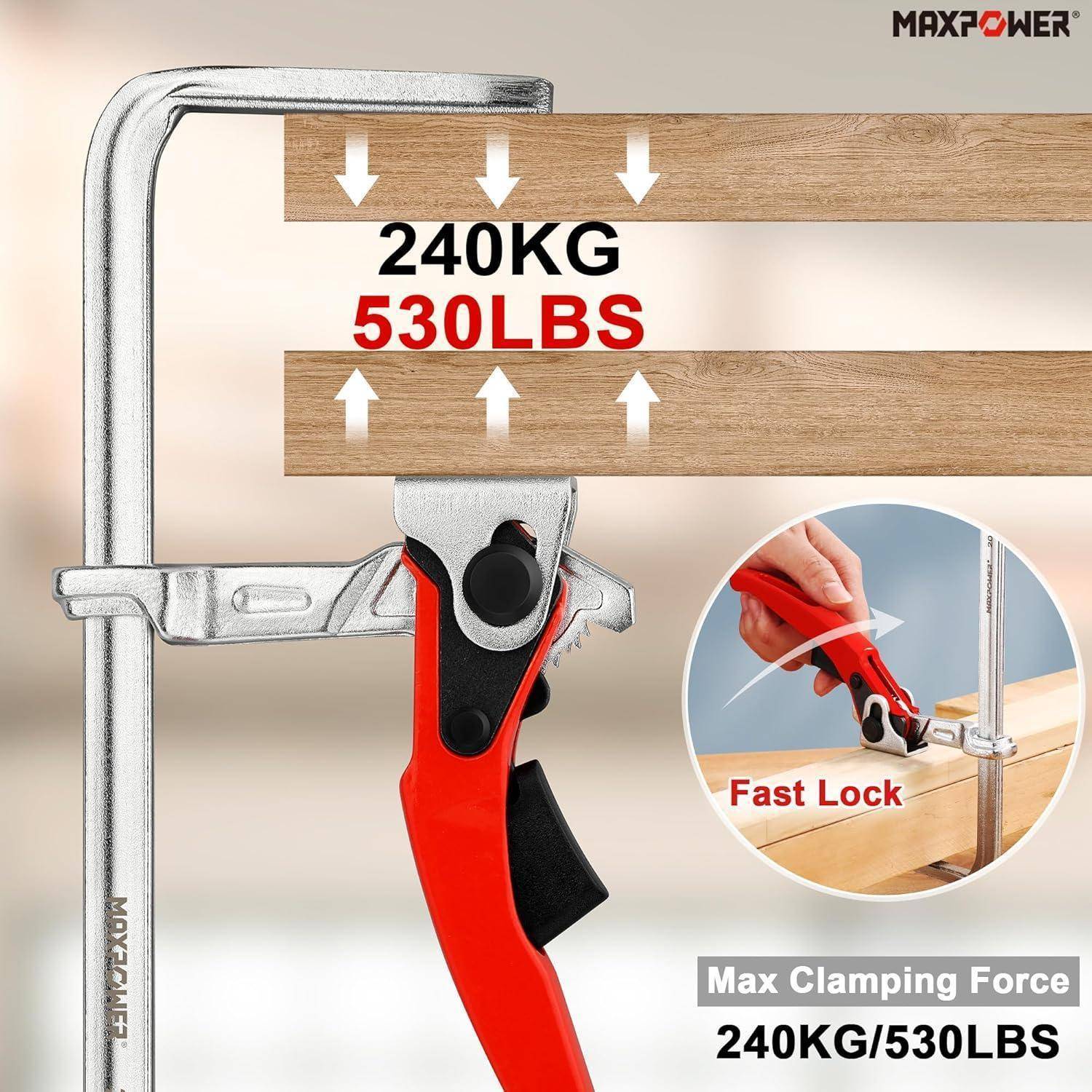 Federzwinge mit einer maximalen Klemmkraft von 240 kg/530 lbs mit einer schnellen Verriegelungsfunktion, gekennzeichnet durch einen roten Hebel, der auf Holz zum Einsatz kommt.