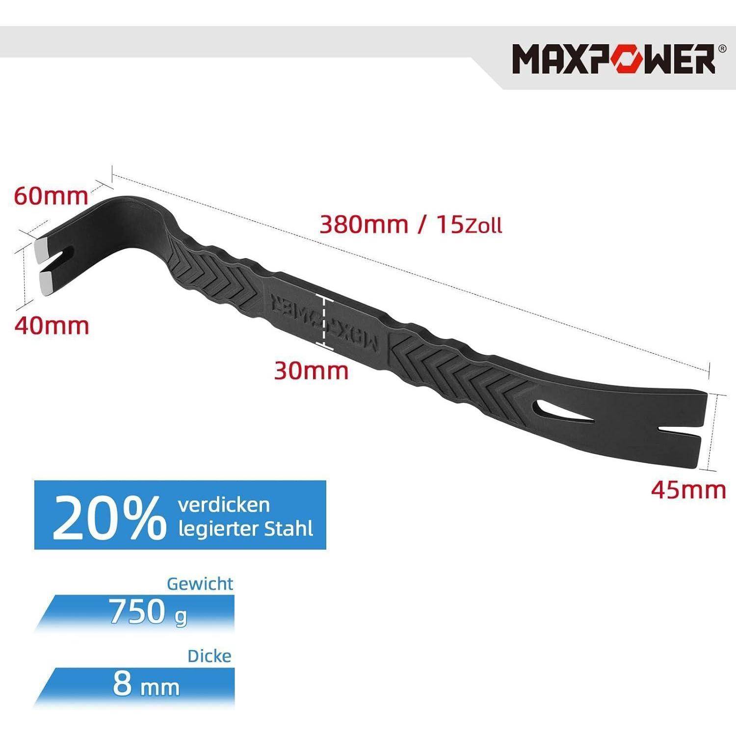 Brechstange mit Beschriftung 'MAXPOWER', 60 cm lang, 20% dickere Legierungsstahl, Gewicht 750 g, Dicke 8 mm. Maße: 40 mm, 30 mm, 45 mm.