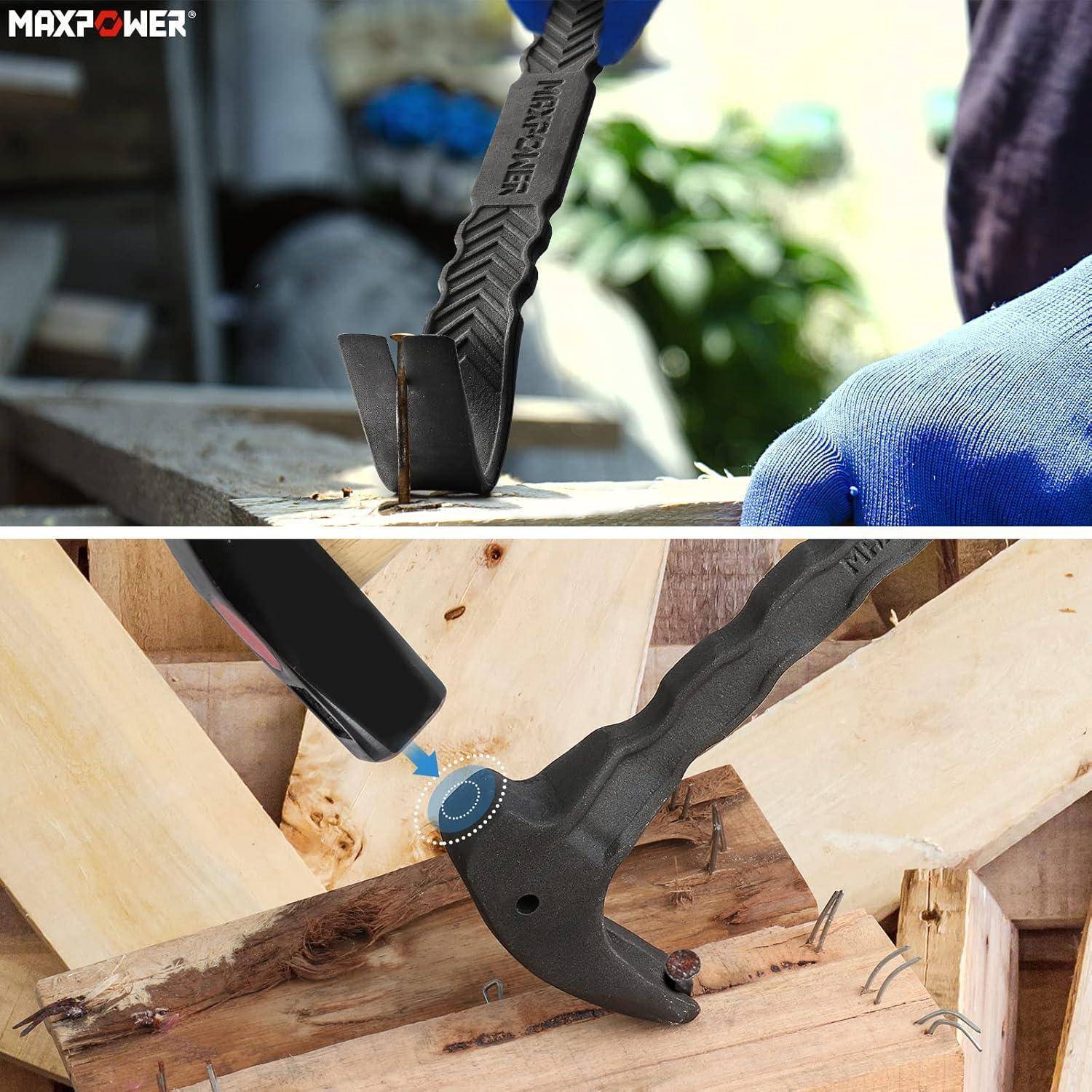 Eine Person mit einem blauen Handschuh benutzt eine Brechstange an einem Holzbrett. Die Brechstange trägt die Aufschrift 