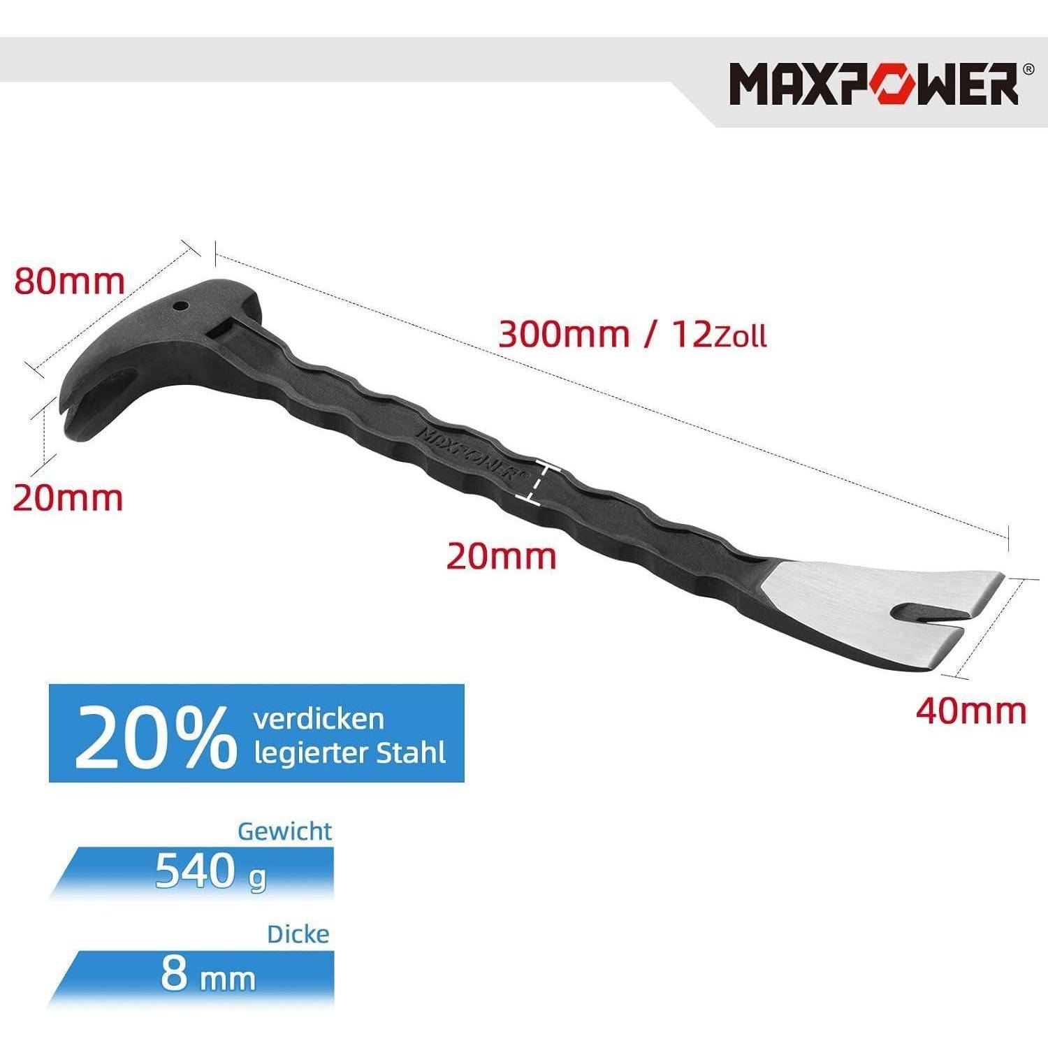 Ein Metallwerkzeug mit einem gekrümmten Kopf, flacher Spitze und folgenden Maßen: 300 mm Länge, 80 mm Kopfbreite, 40 mm Spitzenbreite. Gewicht: 540 g, Dicke: 8 mm.