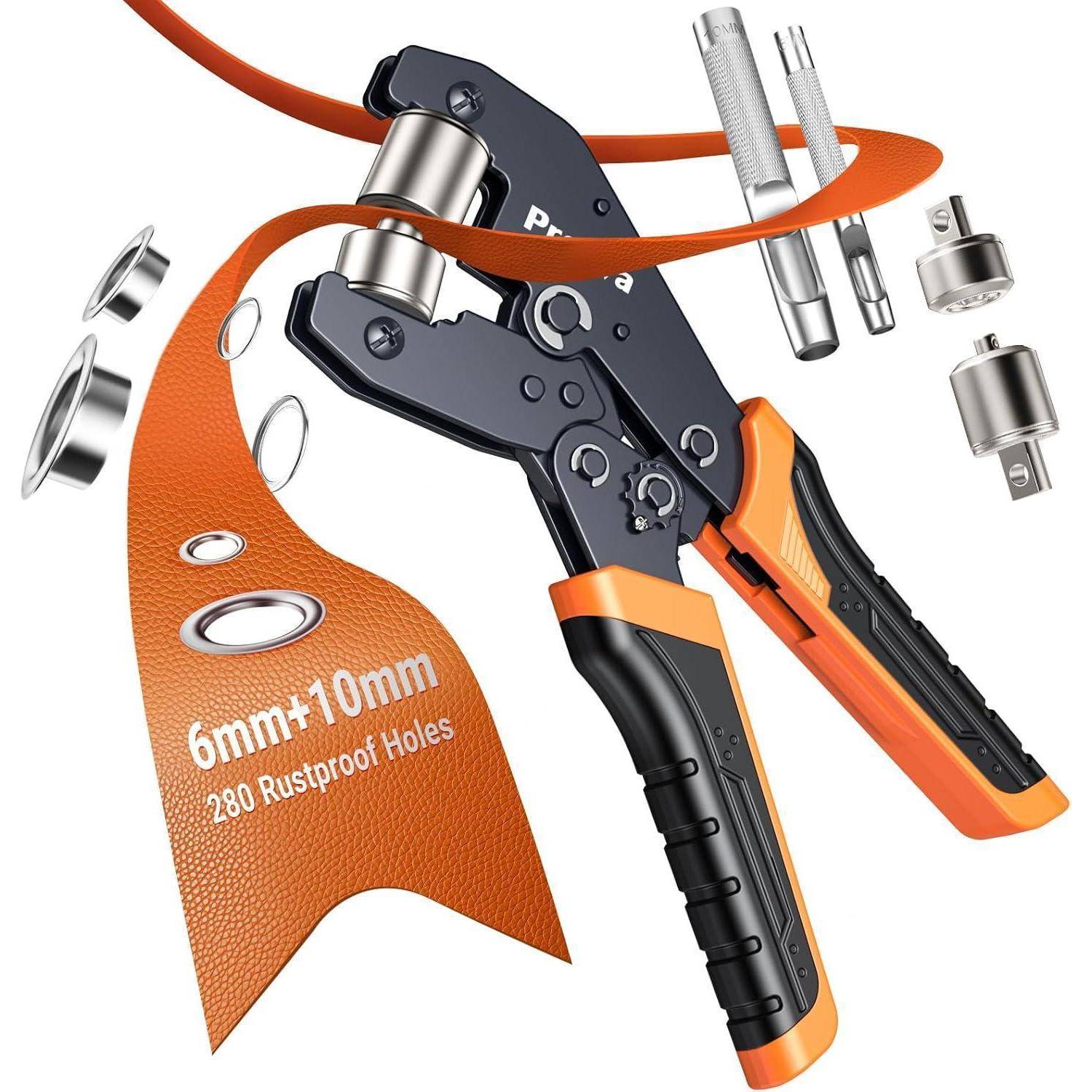 Eine Handlocher-Zange mit auswechselbaren Metallspitzen und orangefarbenem Griff, dargestellt mit Metallösen, beschriftet mit '6mm+10mm 280 Rostbeständige Löcher'.