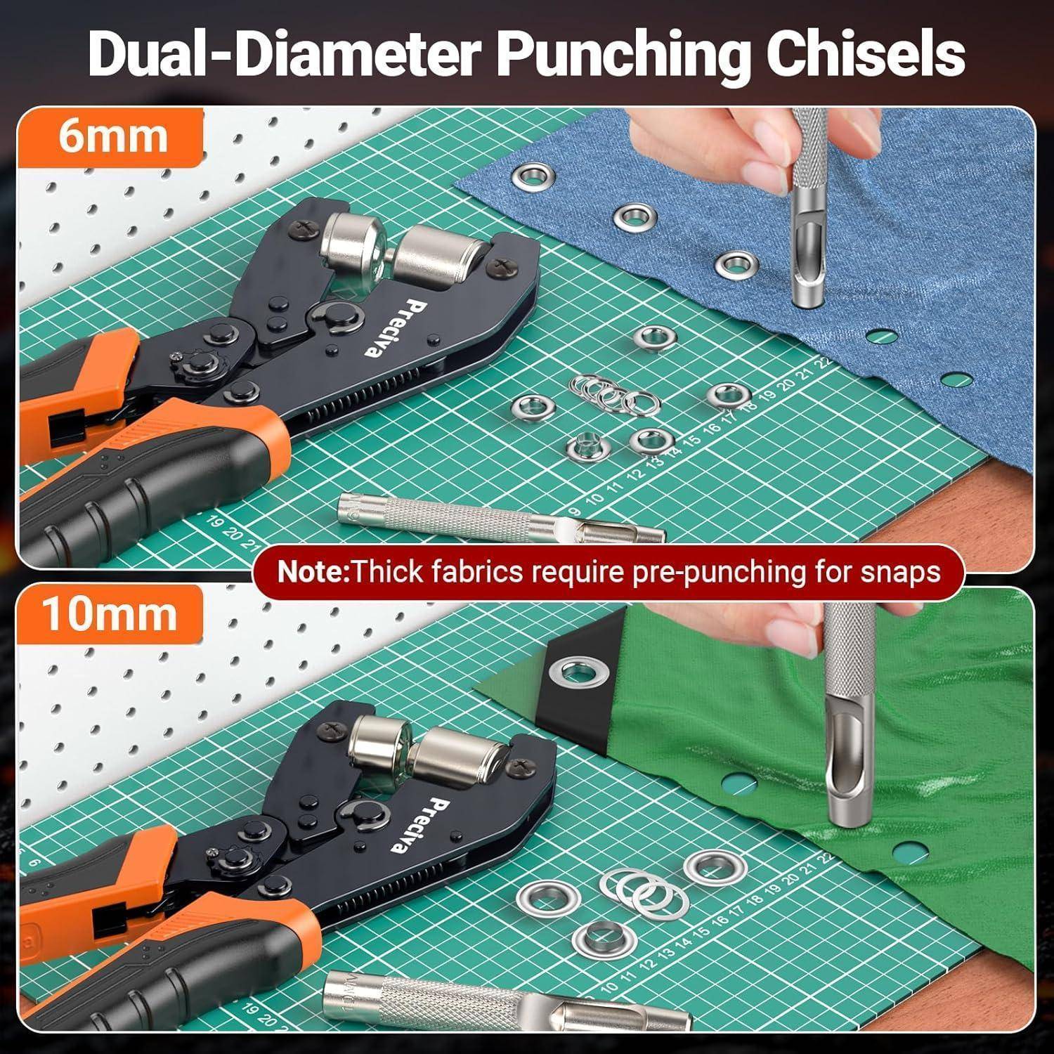 Zweidiameter-Stanzeisen für 6mm und 10mm Löcher. Bild zeigt Werkzeuge und Stoffaufbau mit Hinweis: 