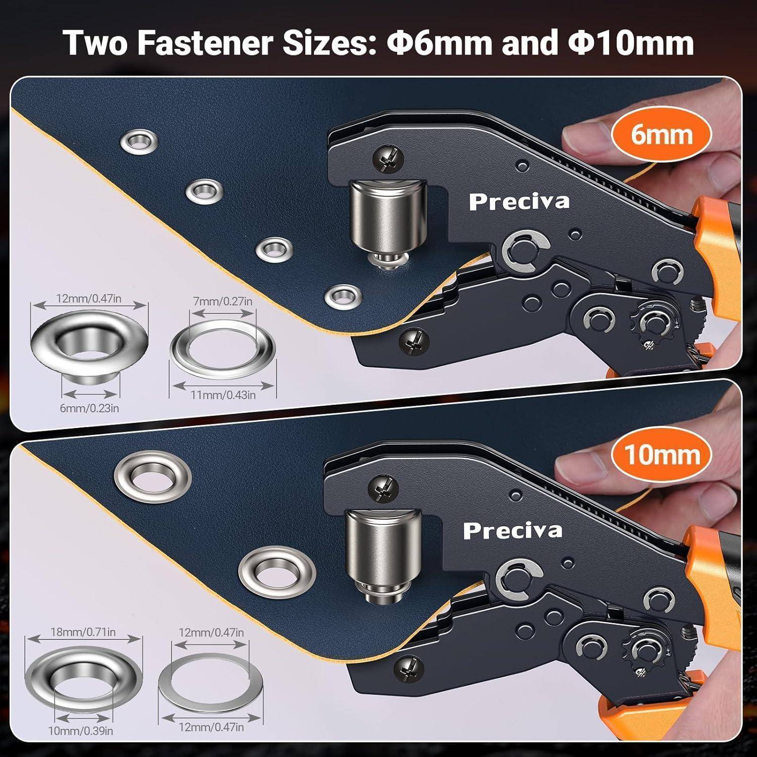 Bild zeigt zwei Befestigungsgrößen: 6 mm und 10 mm, mit einem Werkzeug, das sich in der Nähe von Metallringen befindet. Marke: Preciva, Messdetails bereitgestellt.