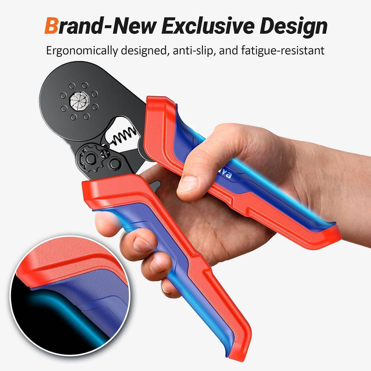 Eine Hand, die ein rot-blaues ergonomisches Werkzeug mit einem schwarzen kreisförmigen Kopf hält, mit der Aufschrift „Brandneues exklusives Design