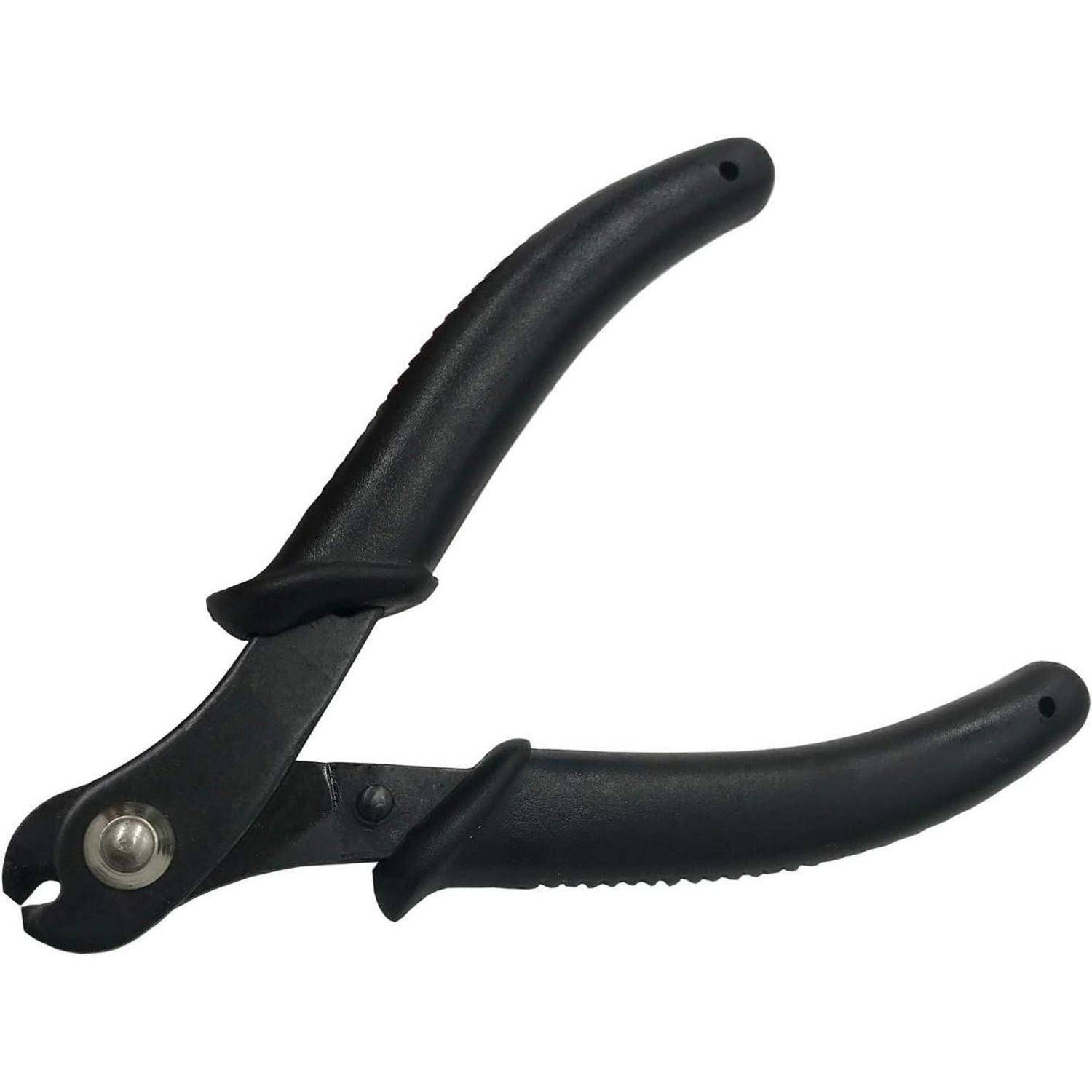 Schwarze, gebogene Drahtschneiderzange mit ergonomischen Griffen und einer Schneidklinge nahe der Spitze, verwendet zum Durchtrennen von Drähten.