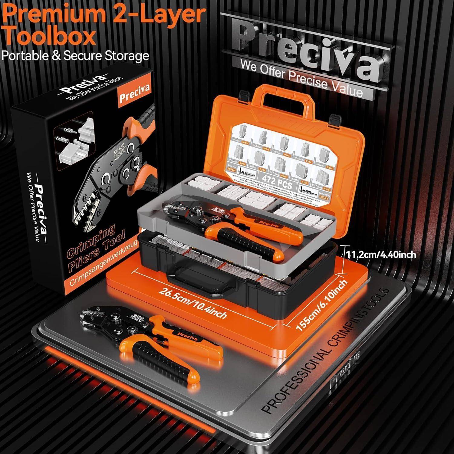 Premium 2-Schichten-Werkzeugkasten mit orange-schwarzem Design, enthält ein Crimpzangen-Set und 472 Einzelteile. Als tragbar und sicher gelagert hervorgehoben.