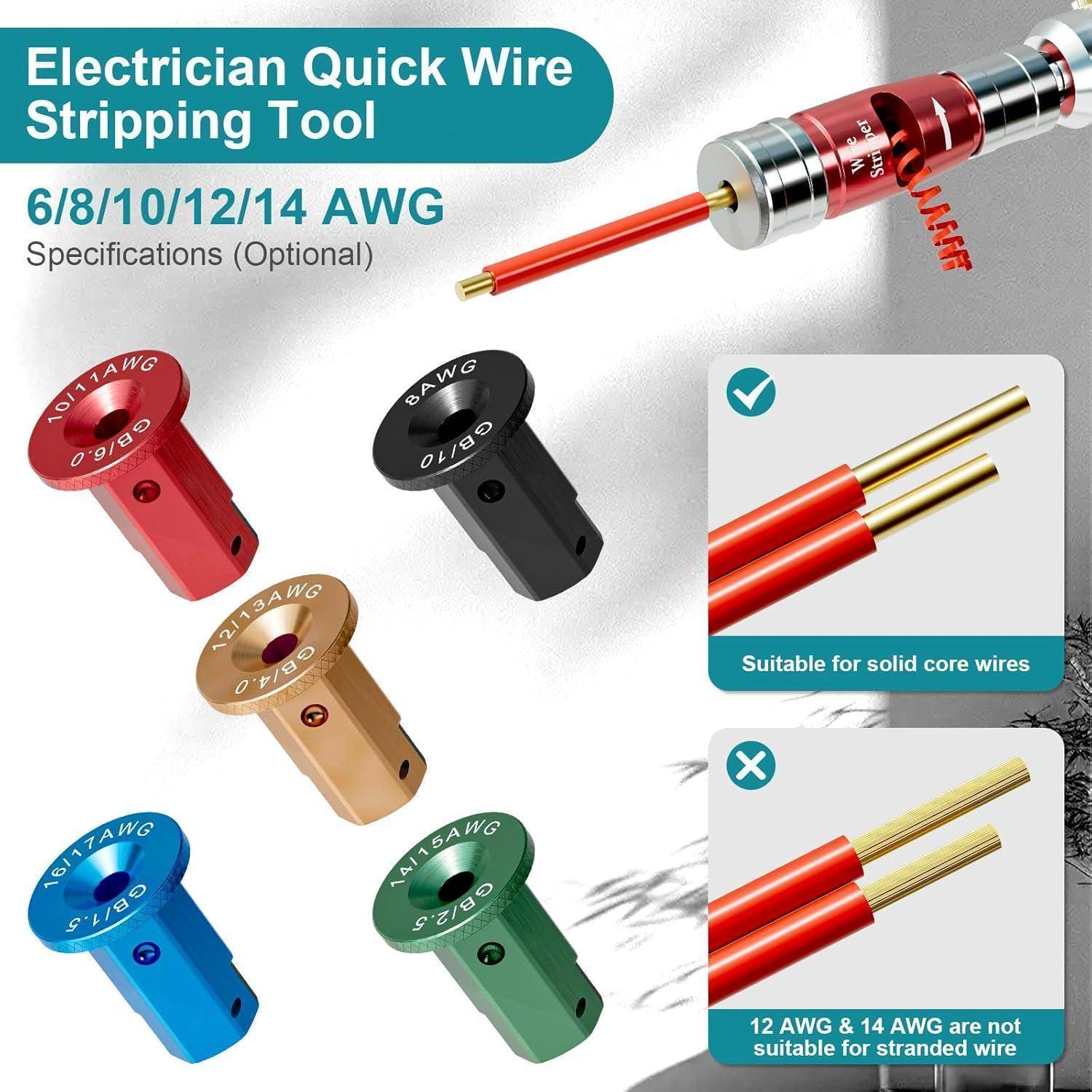Elektriker Drahtabisolierwerkzeug mit Aufsätzen für 6, 8, 10, 12, 14 AWG. Inklusive roter, grüner, schwarzer, brauner und blauer Kappen. Geeignet für massive Leiter.