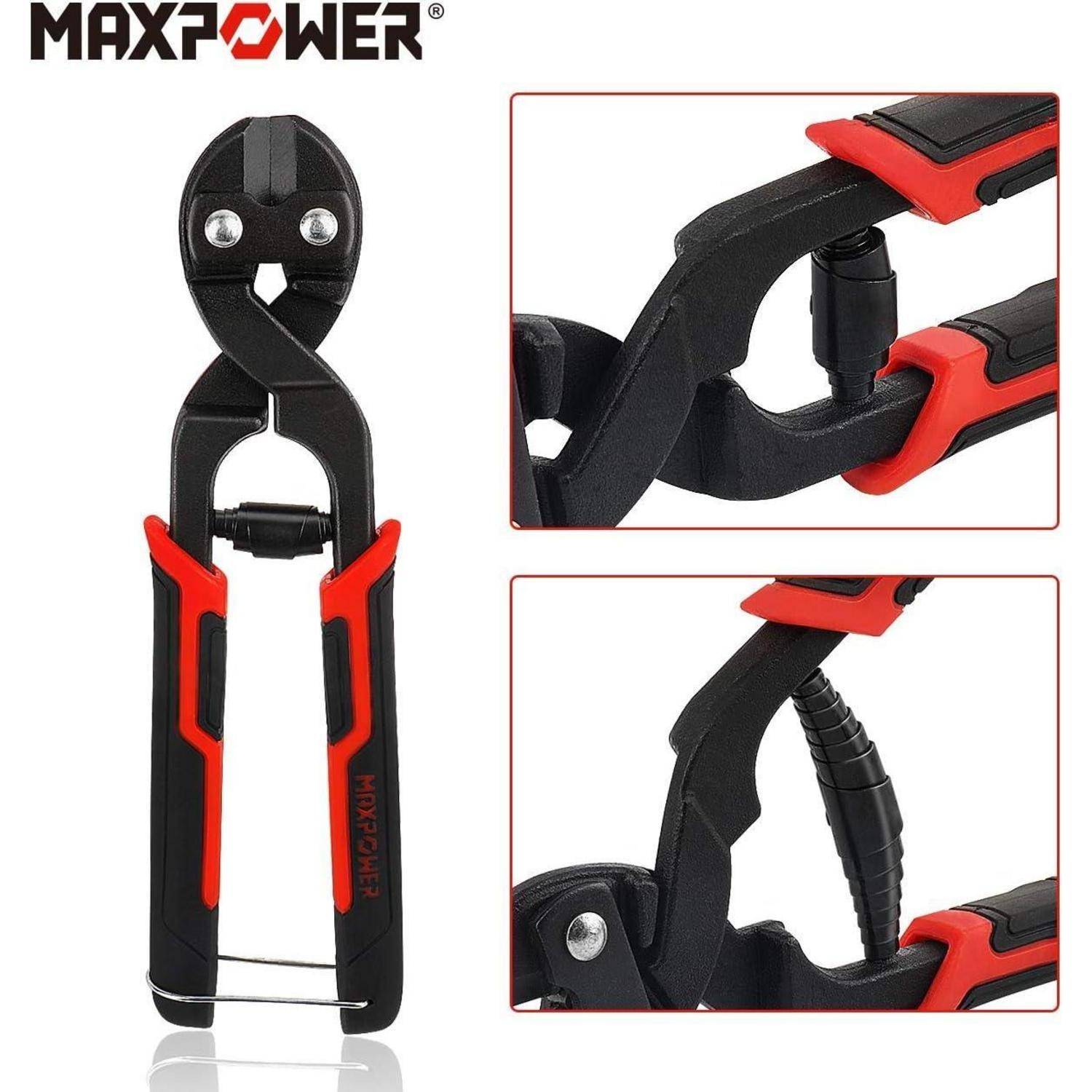 Schneidezange mit ergonomischen schwarzen und roten Griffen wird präsentiert. Das Hauptbild zeigt das Werkzeug in voller Größe, während Nebenbilder Close-up-Details hervorheben.