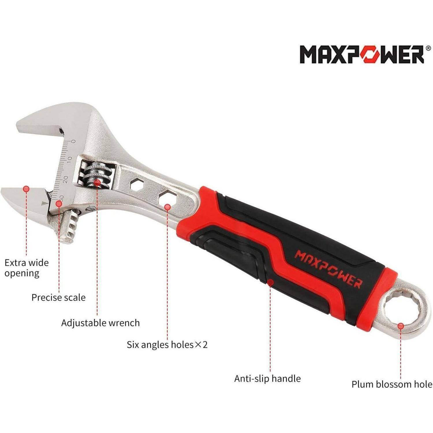 Verstellbarer Schraubenschlüssel mit rot-schwarzem rutschfestem Griff, präziser Skala, sechs Winkellöchern und besonders großer Öffnung. Markenname 'MAXPOWER'.