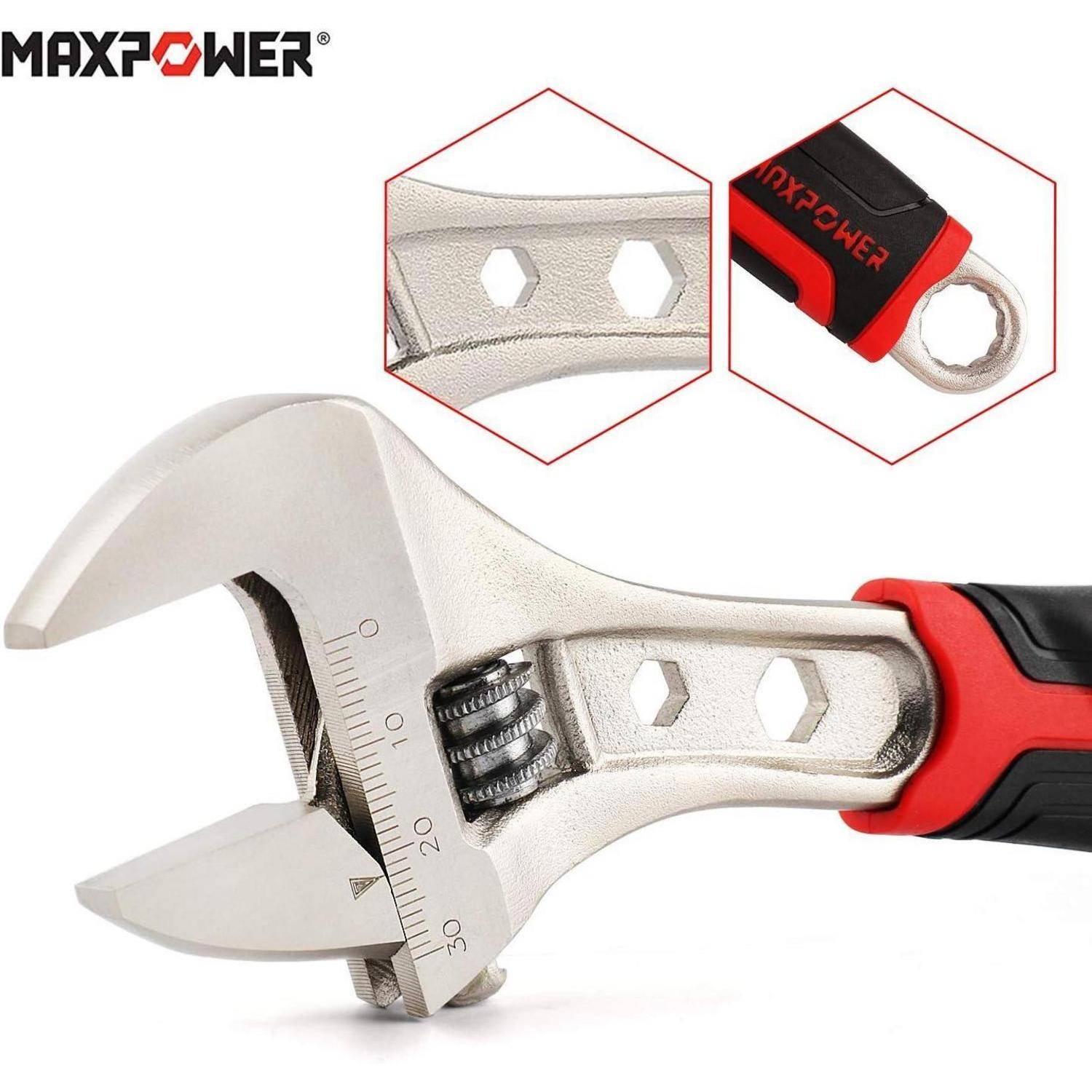Verstellbarer Schraubenschlüssel mit silberner Metallbacke und rot-schwarzem Griff; Marke 'MAXPOWER' auf dem Griff eingeprägt.