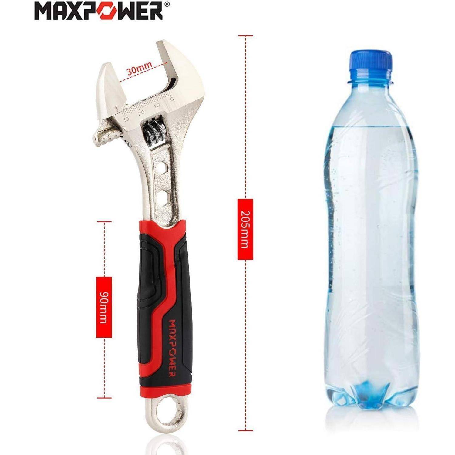 Ein verstellbarer Schraubenschlüssel mit 30 mm Backenbreite, 205 mm Höhe, neben einer 500-ml-Wasserflasche als Größenvergleich, der die Abmessungen und Griffigkeit des Werkzeugs veranschaulicht.