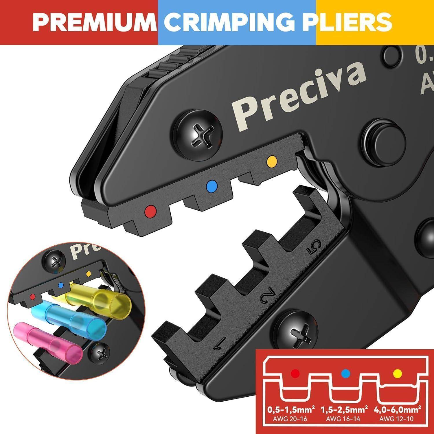 Premium Crimpzange mit farbcodierten Schlitzen: blau, rot, gelb. Diagramm zeigt Größenkompatibilität für AWG 22-10 und 0,5-6mm².