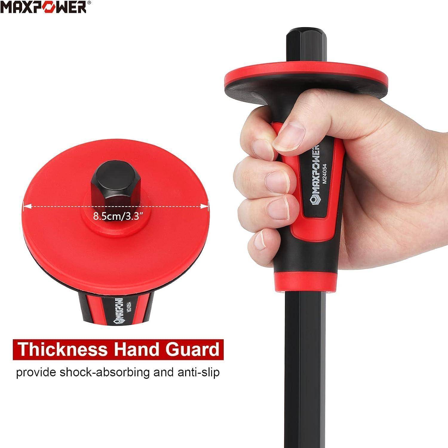 Eine Hand hält einen schwarzen und roten Wanderstock mit einem 3,3 Zoll großen Gummigriff. Der Text liest sich: „Handschutz