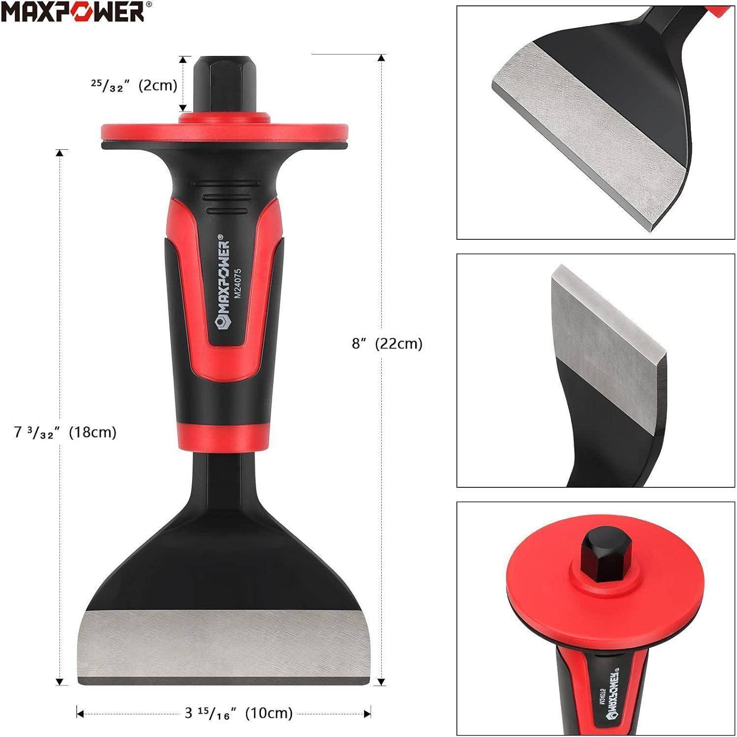 Ein roter und schwarzer MAXPOWER-Schaber mit den Abmessungen (10 cm breit, 22 cm hoch) wird gezeigt. Nahaufnahmen zeigen Details von Klinge und Griff.