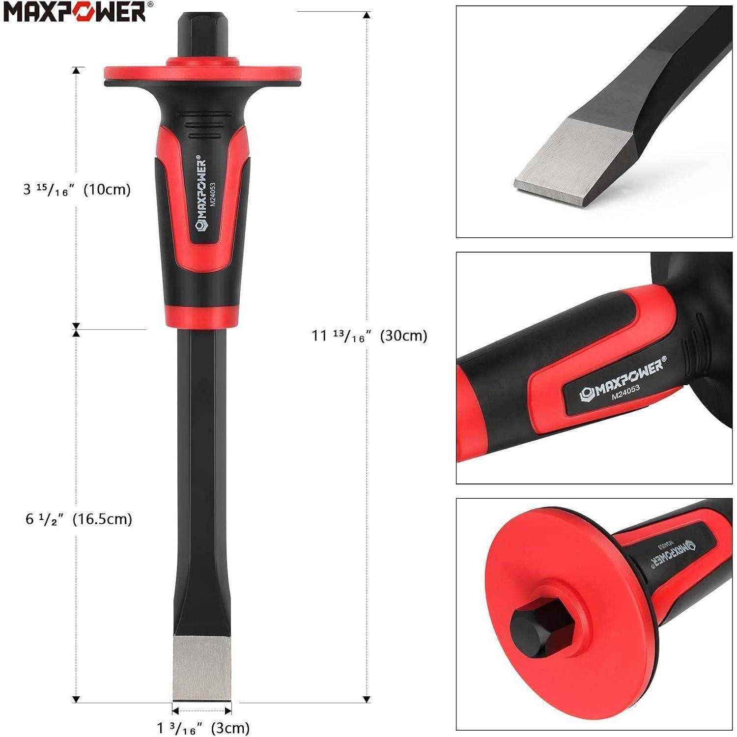 Meißel der Marke 'Maxpower', 11 13/16 Zoll lang, mit einem 3 15/16 Zoll langen Griff und einer 1 3/16 Zoll breiten Schneidkante, in mehreren Winkeln dargestellt.