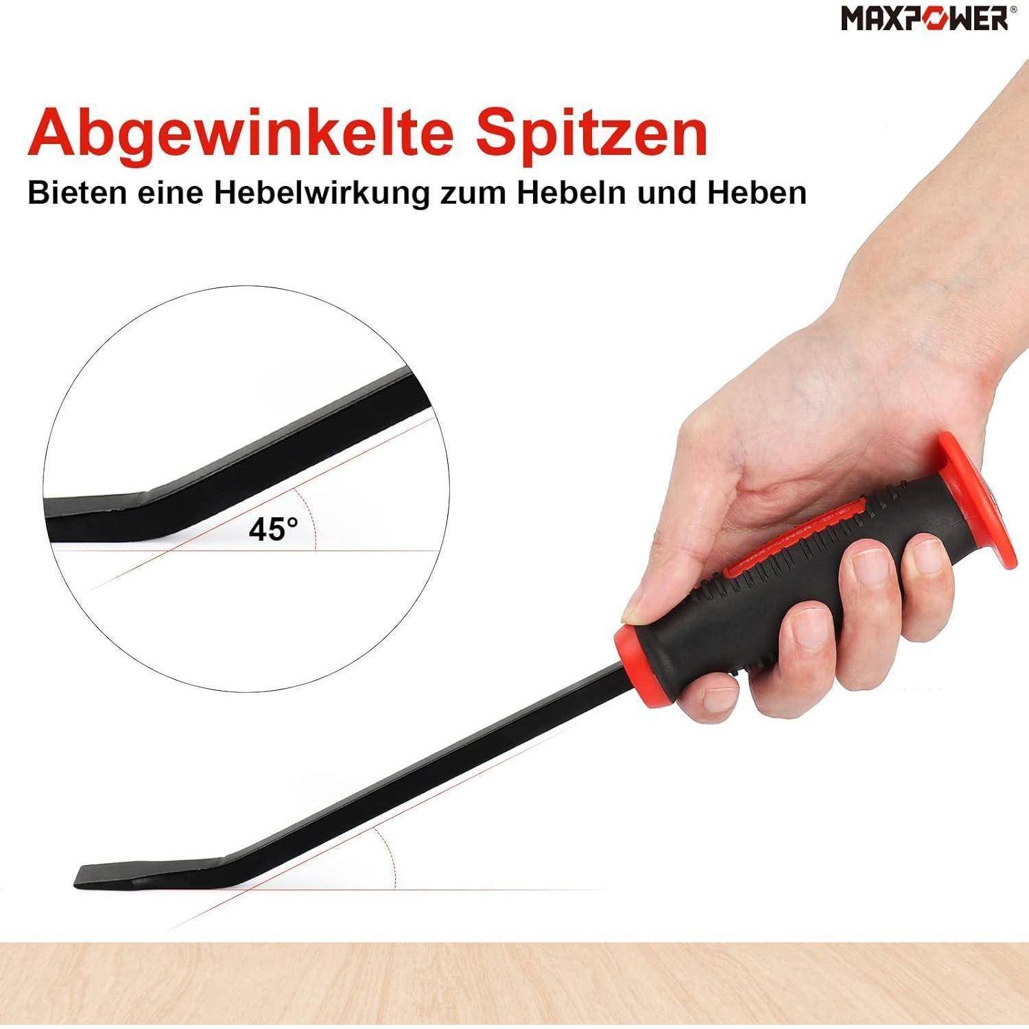 Eine Hand hält eine MAXPOWER Winkel-Brechstange, die ihre 45-Grad-Spitze zeigt. Text auf Deutsch hebt die Hebelwirkung zum Hebeln und Anheben hervor.