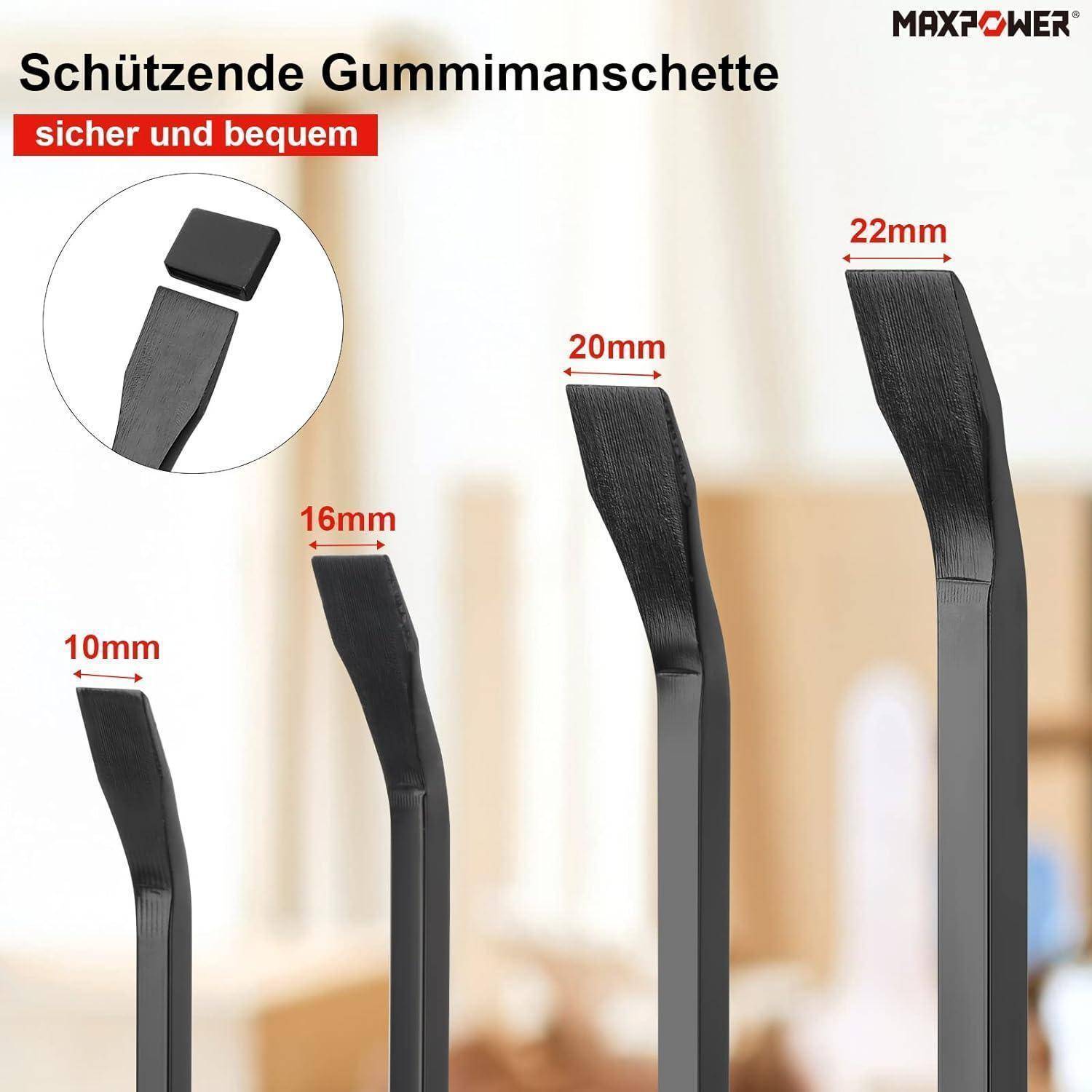 Vier schwarze Reifenheber mit schützenden Gummispitzen, beschriftet mit 10mm, 16mm, 20mm und 22mm für Sicherheit und Komfort. Markenname sichtbar.