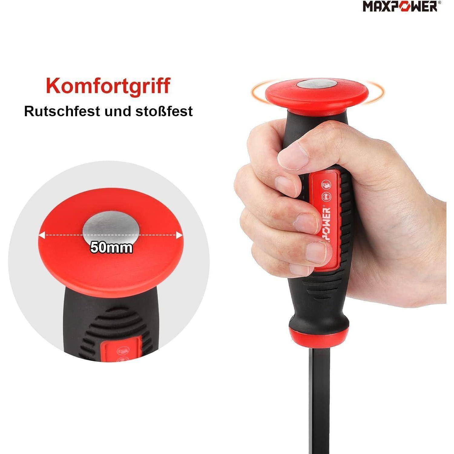 Eine Hand, die einen Schraubendreher mit einem roten Griff hält, der mit 